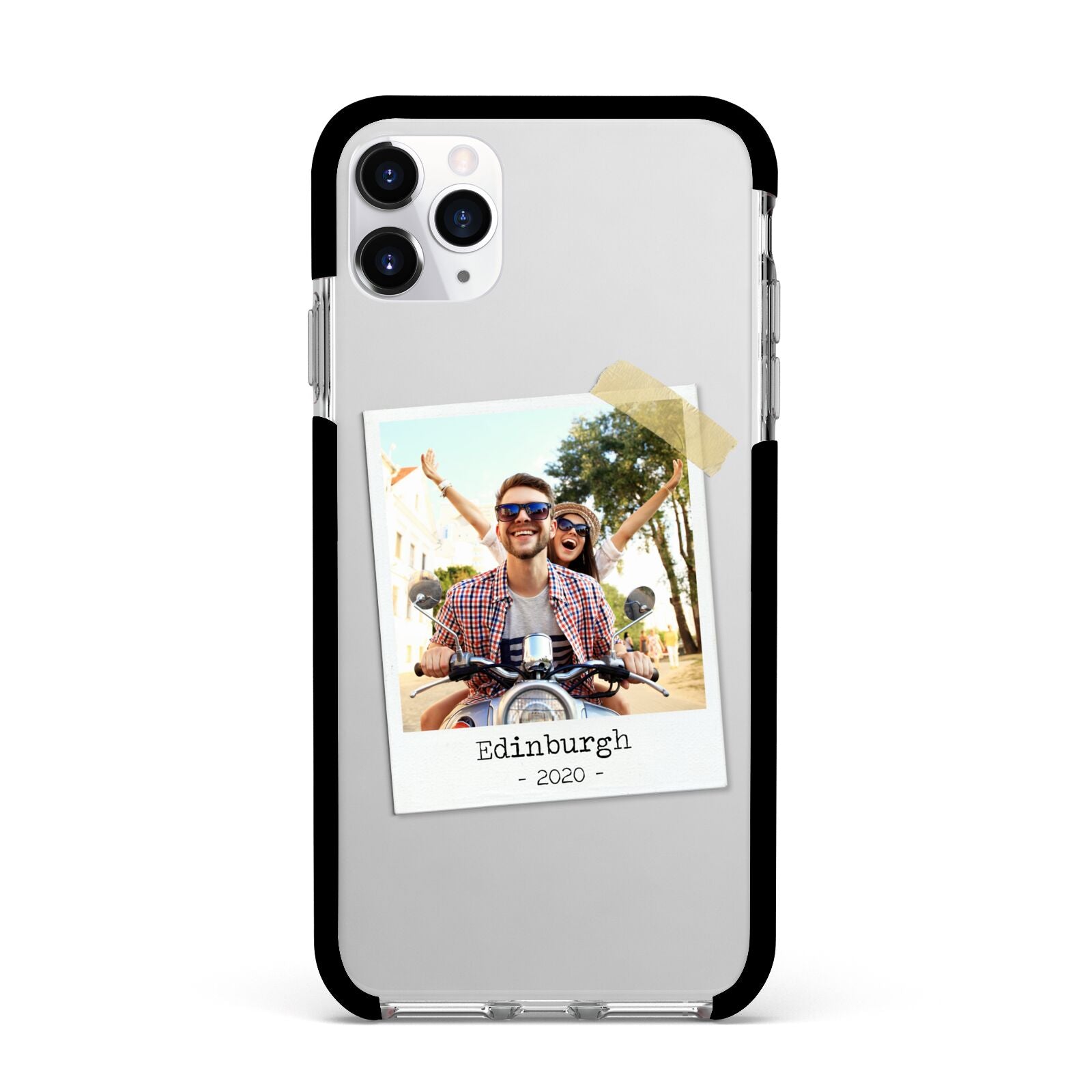 Taped Holiday Snap Photo Upload Apple iPhone 11 Pro Max in Silver with Black Impact Case