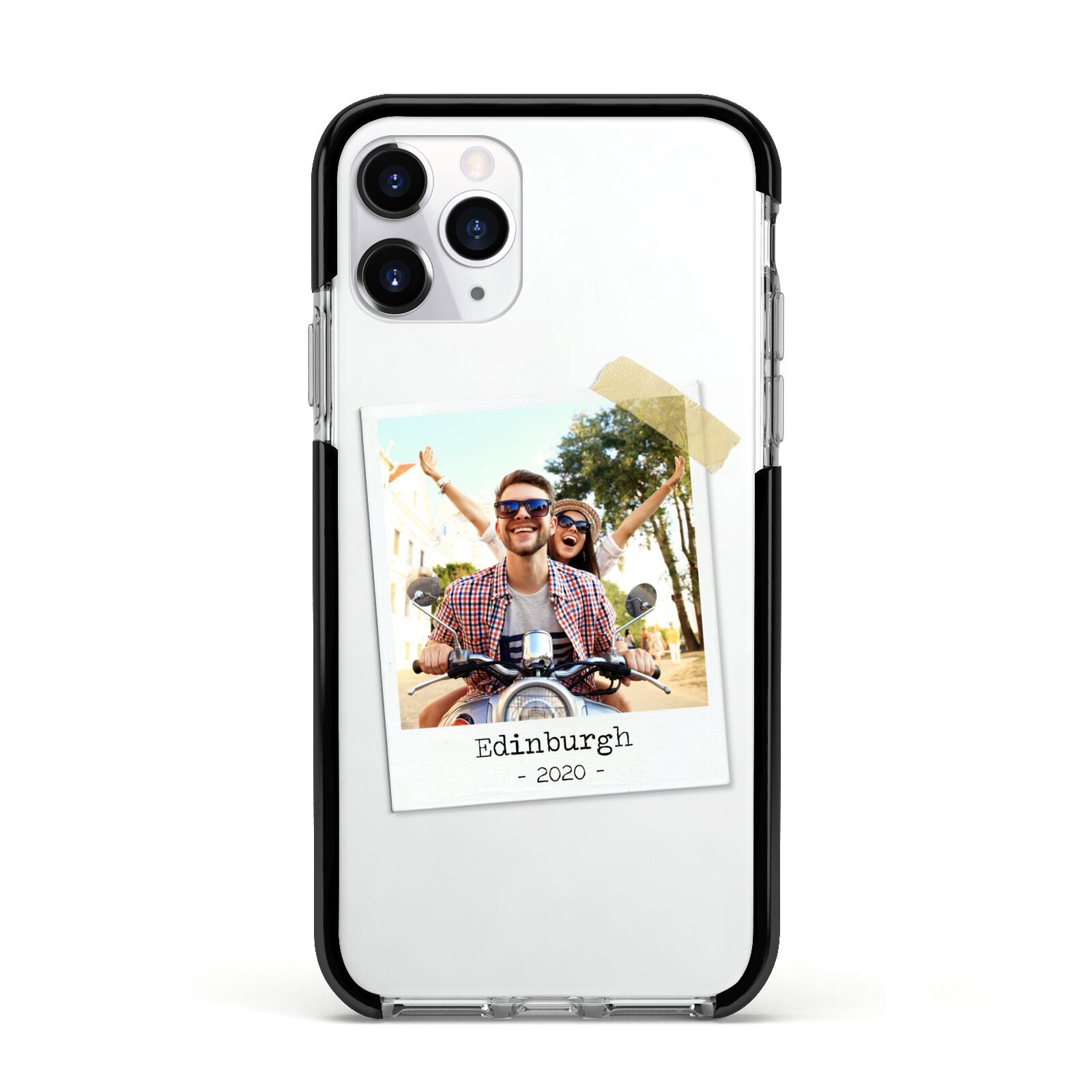 Taped Holiday Snap Photo Upload Apple iPhone 11 Pro in Silver with Black Impact Case