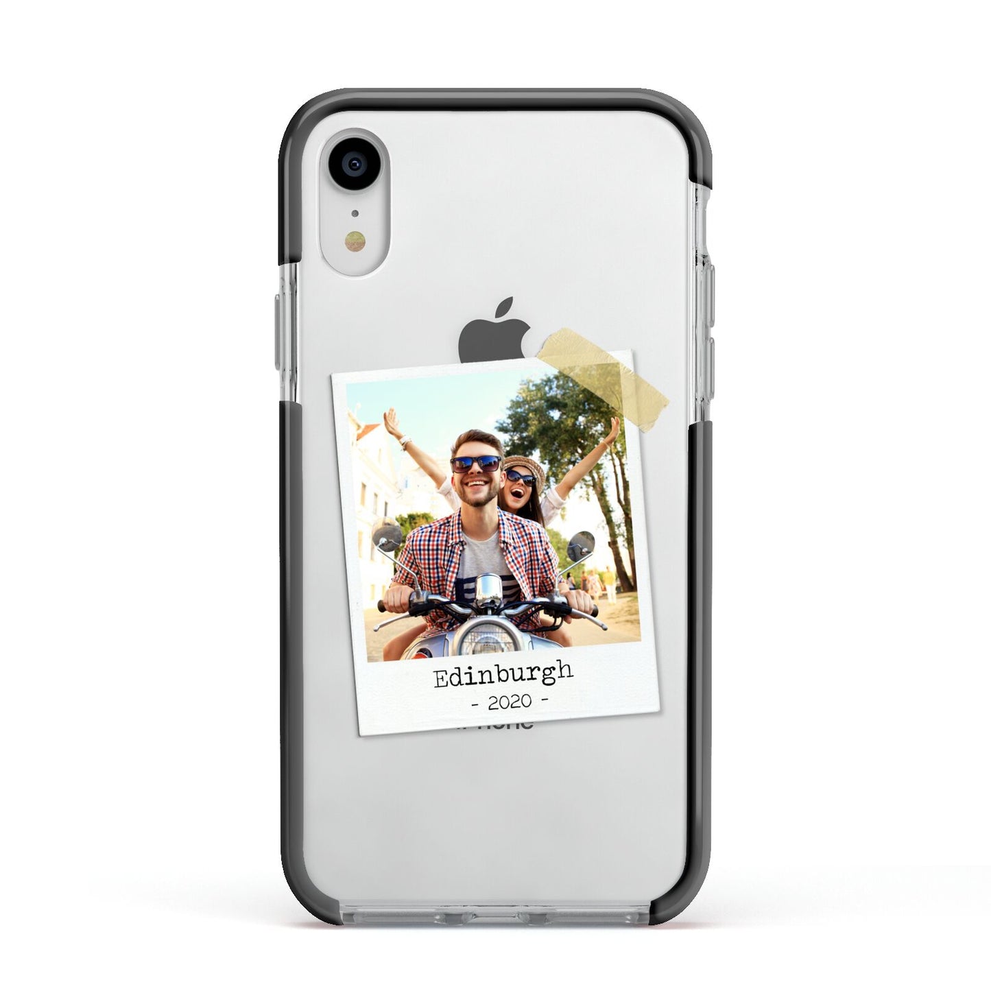 Taped Holiday Snap Photo Upload Apple iPhone XR Impact Case Black Edge on Silver Phone