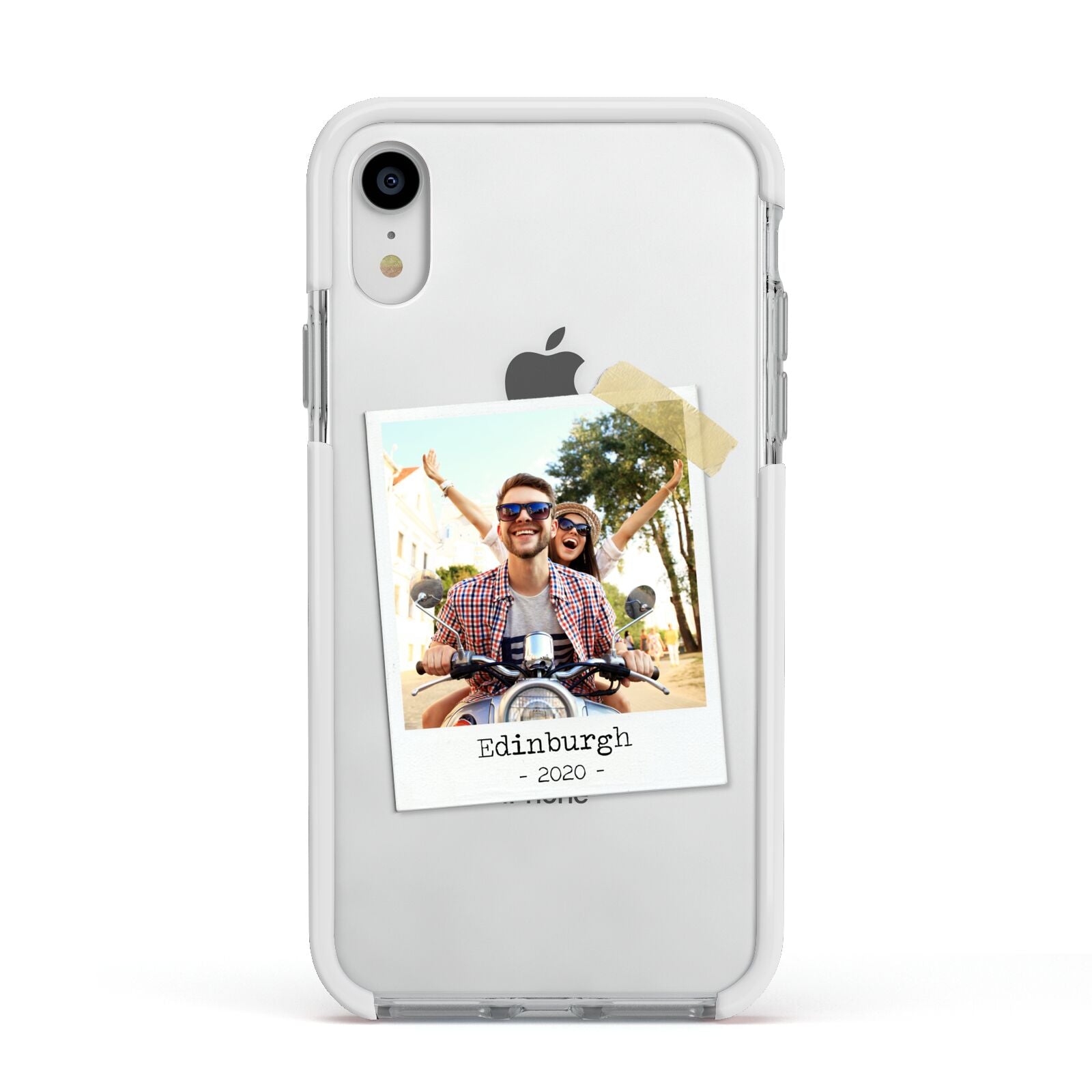 Taped Holiday Snap Photo Upload Apple iPhone XR Impact Case White Edge on Silver Phone
