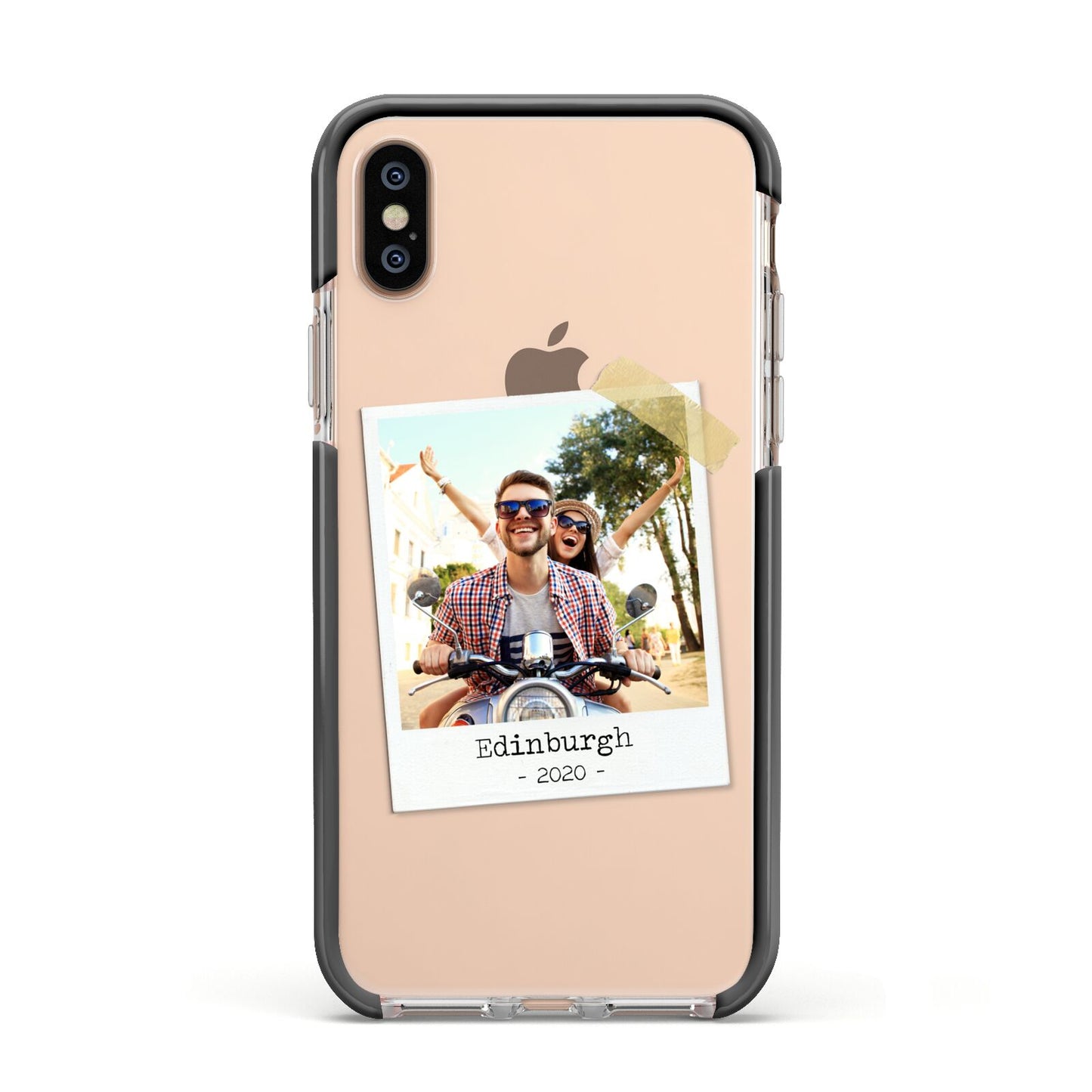 Taped Holiday Snap Photo Upload Apple iPhone Xs Impact Case Black Edge on Gold Phone