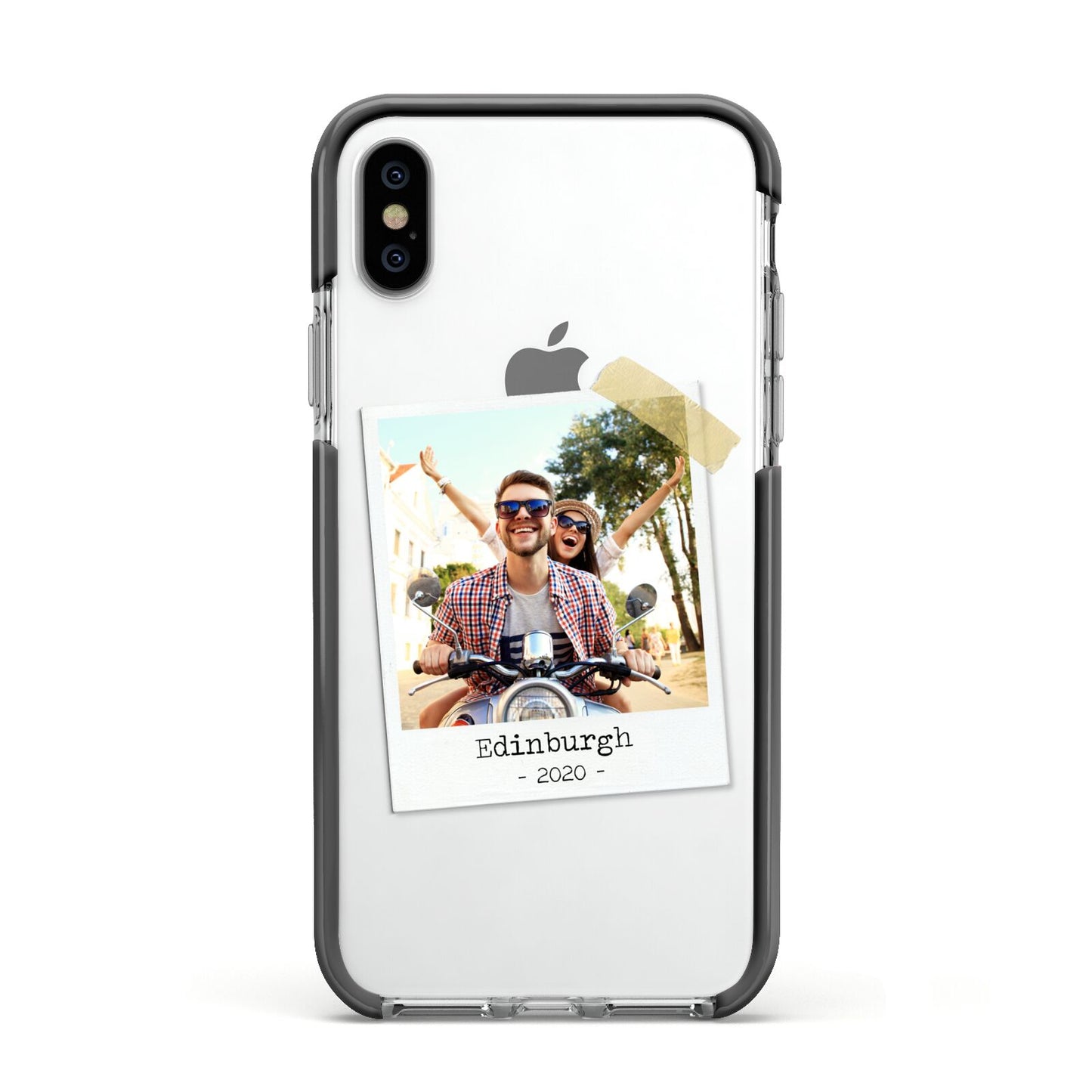 Taped Holiday Snap Photo Upload Apple iPhone Xs Impact Case Black Edge on Silver Phone