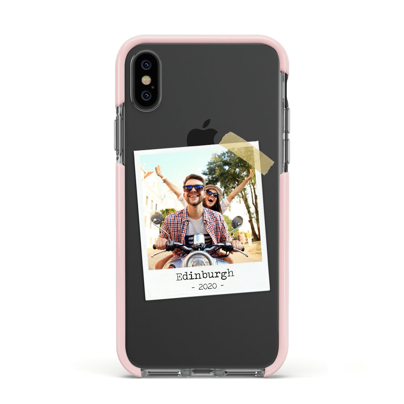 Taped Holiday Snap Photo Upload Apple iPhone Xs Impact Case Pink Edge on Black Phone