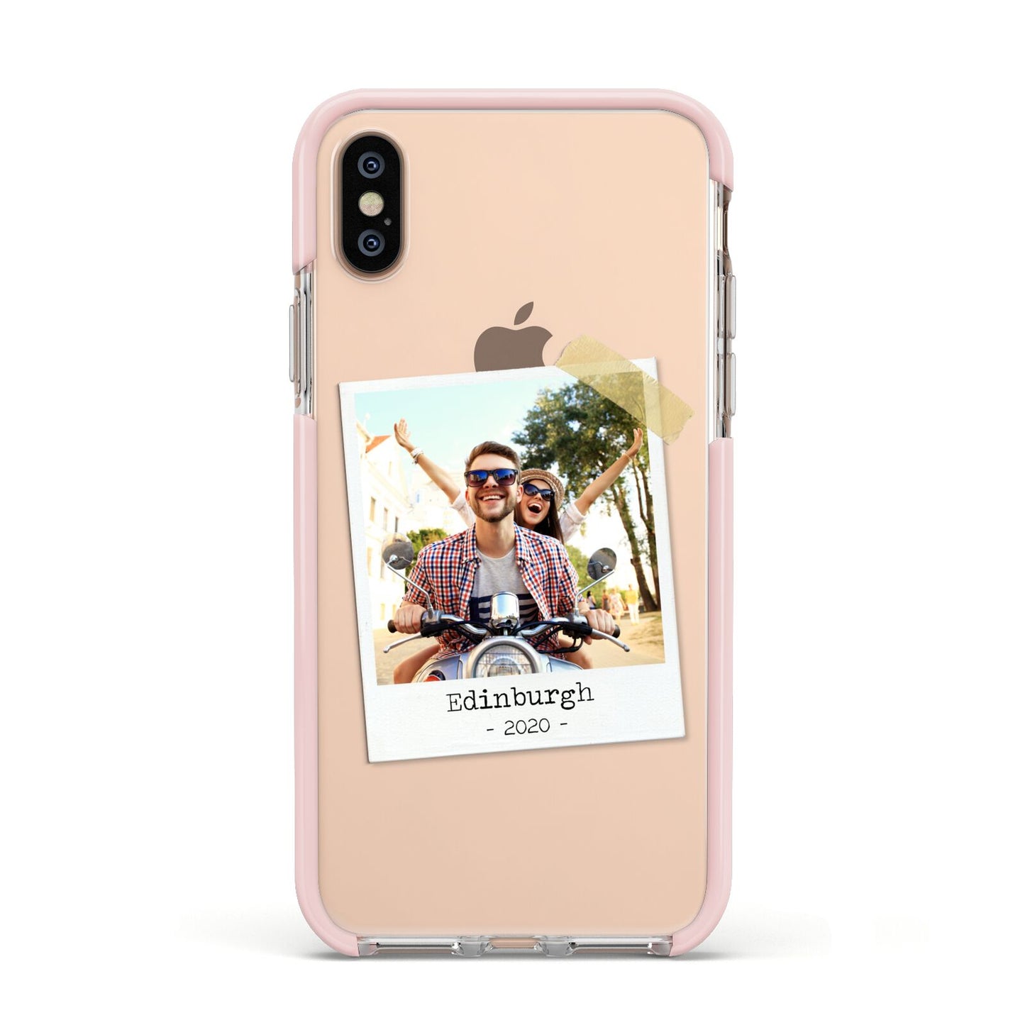 Taped Holiday Snap Photo Upload Apple iPhone Xs Impact Case Pink Edge on Gold Phone
