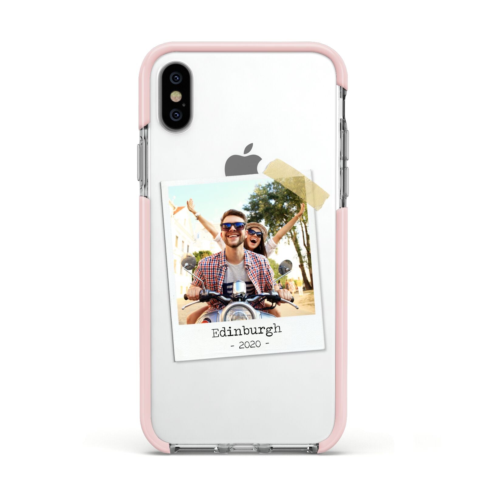 Taped Holiday Snap Photo Upload Apple iPhone Xs Impact Case Pink Edge on Silver Phone