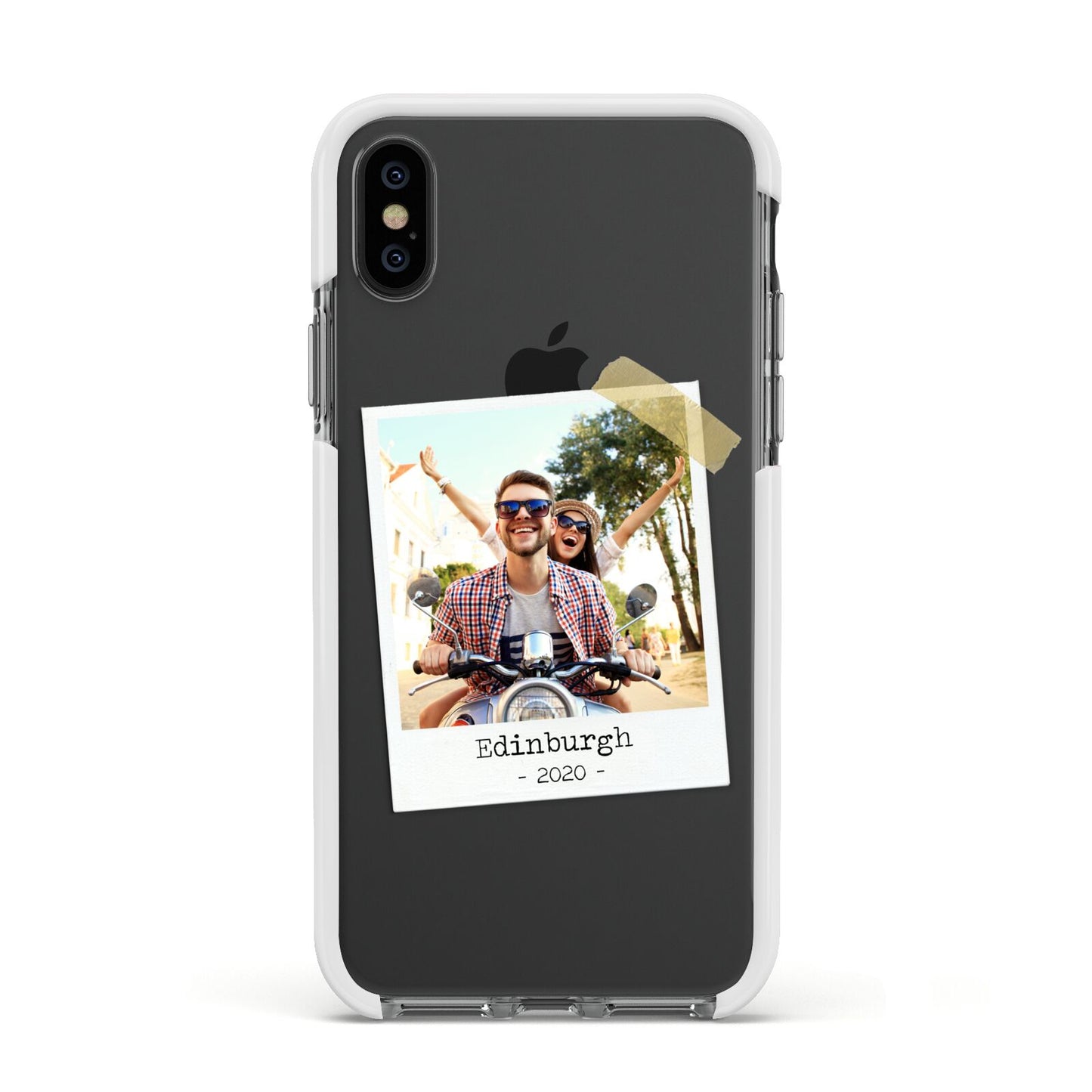 Taped Holiday Snap Photo Upload Apple iPhone Xs Impact Case White Edge on Black Phone