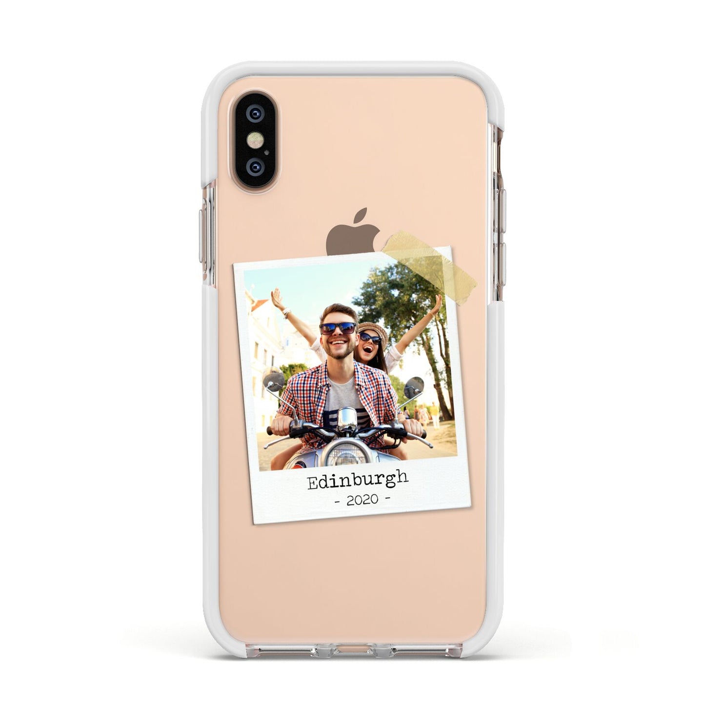 Taped Holiday Snap Photo Upload Apple iPhone Xs Impact Case White Edge on Gold Phone