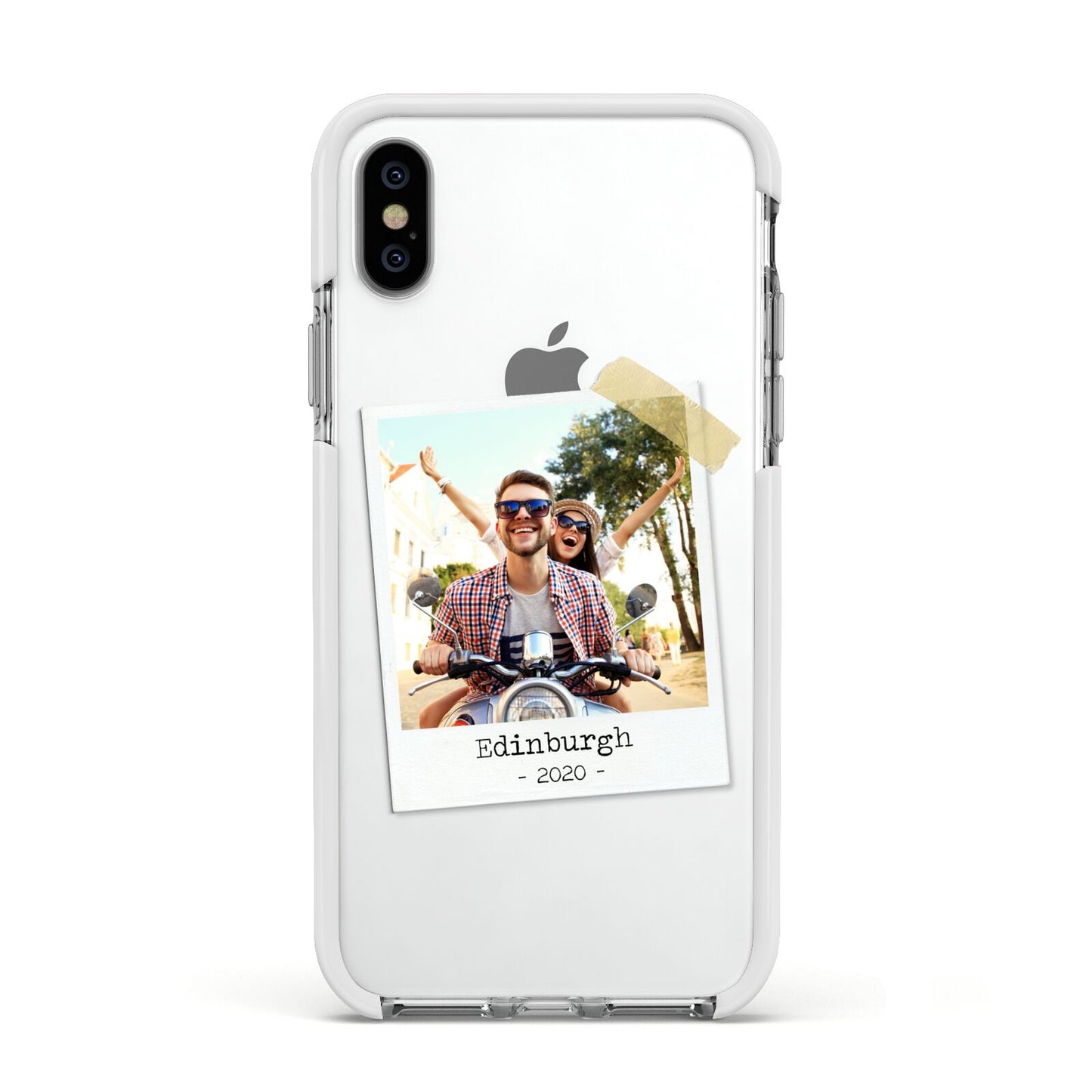 Taped Holiday Snap Photo Upload Apple iPhone Xs Impact Case White Edge on Silver Phone