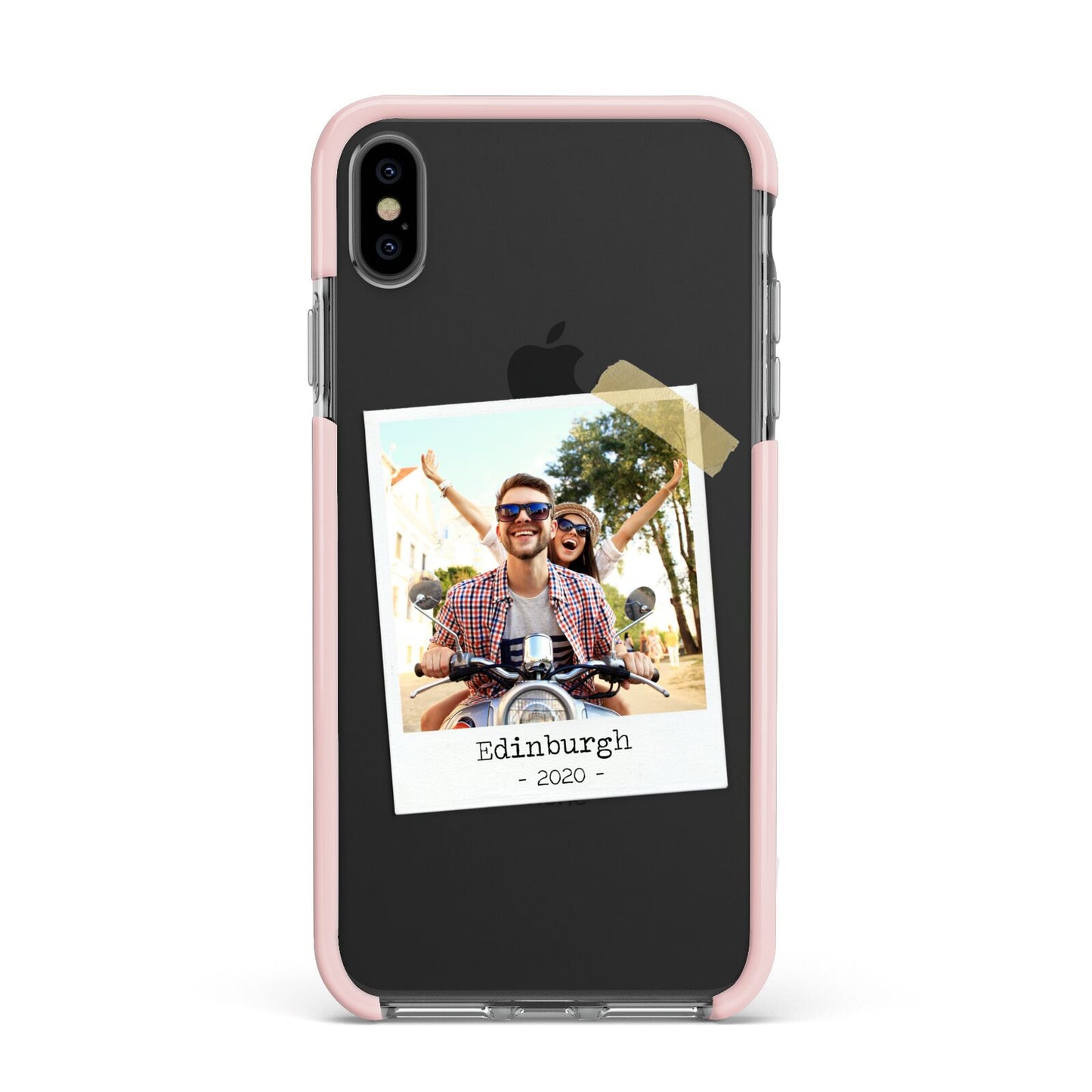 Taped Holiday Snap Photo Upload Apple iPhone Xs Max Impact Case Pink Edge on Black Phone