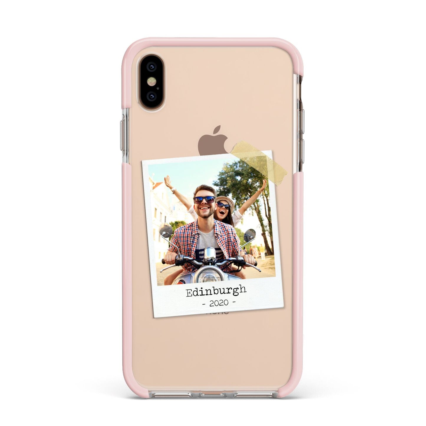 Taped Holiday Snap Photo Upload Apple iPhone Xs Max Impact Case Pink Edge on Gold Phone