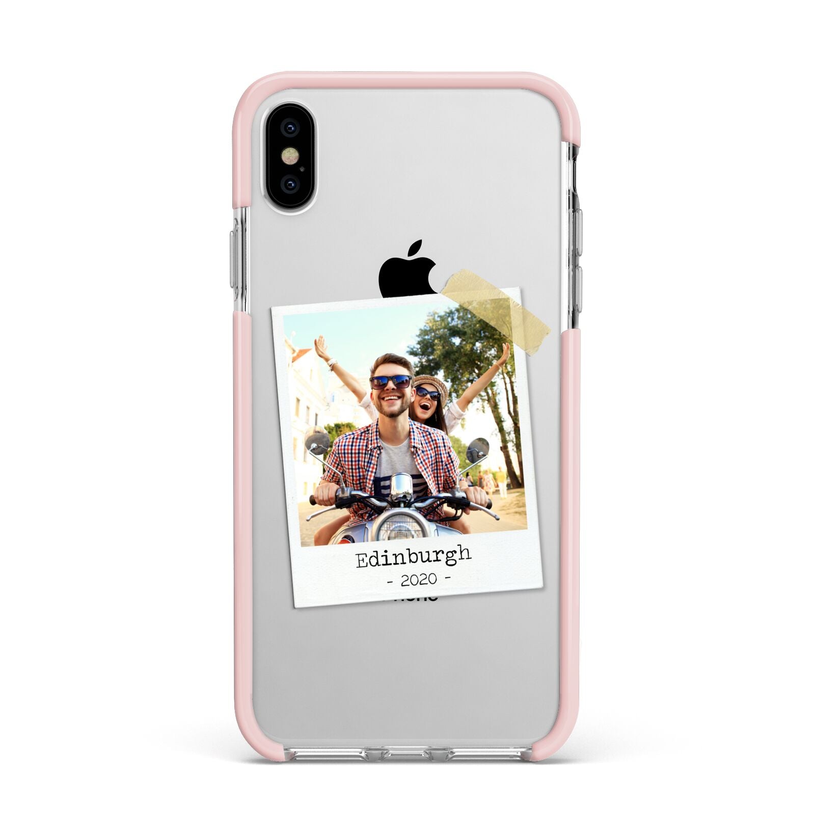 Taped Holiday Snap Photo Upload Apple iPhone Xs Max Impact Case Pink Edge on Silver Phone