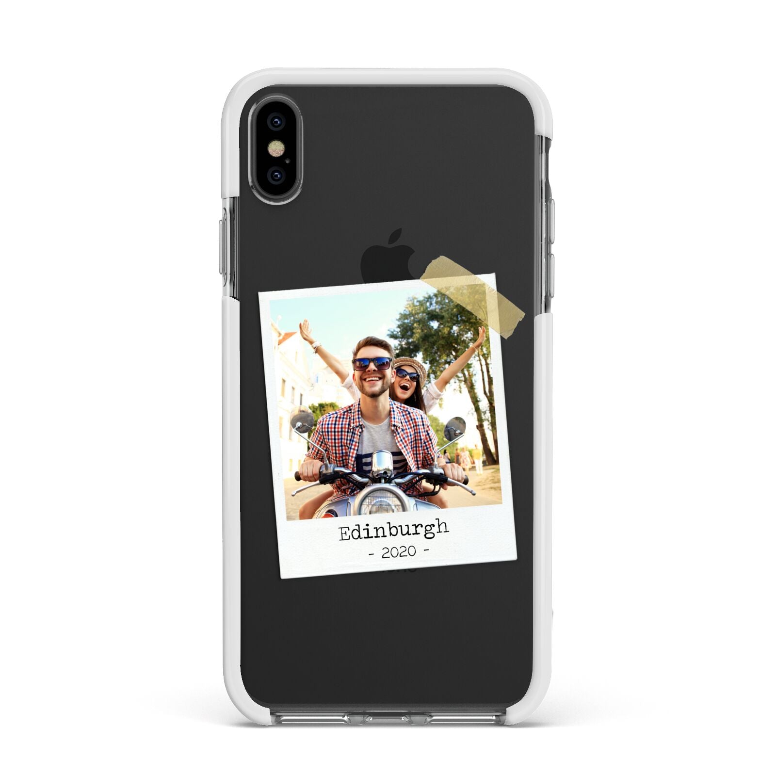 Taped Holiday Snap Photo Upload Apple iPhone Xs Max Impact Case White Edge on Black Phone