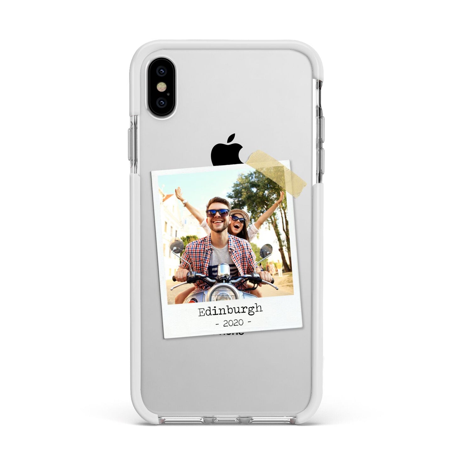 Taped Holiday Snap Photo Upload Apple iPhone Xs Max Impact Case White Edge on Silver Phone