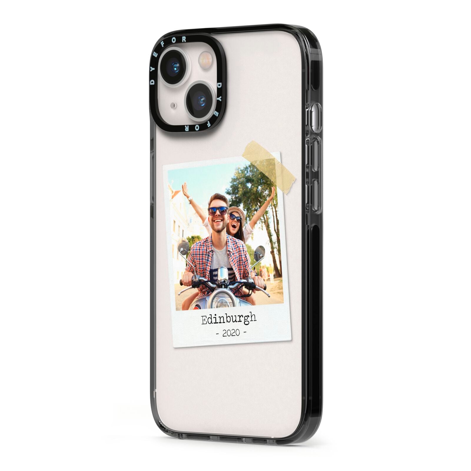 Taped Holiday Snap Photo Upload iPhone 13 Black Impact Case Side Angle on Silver phone