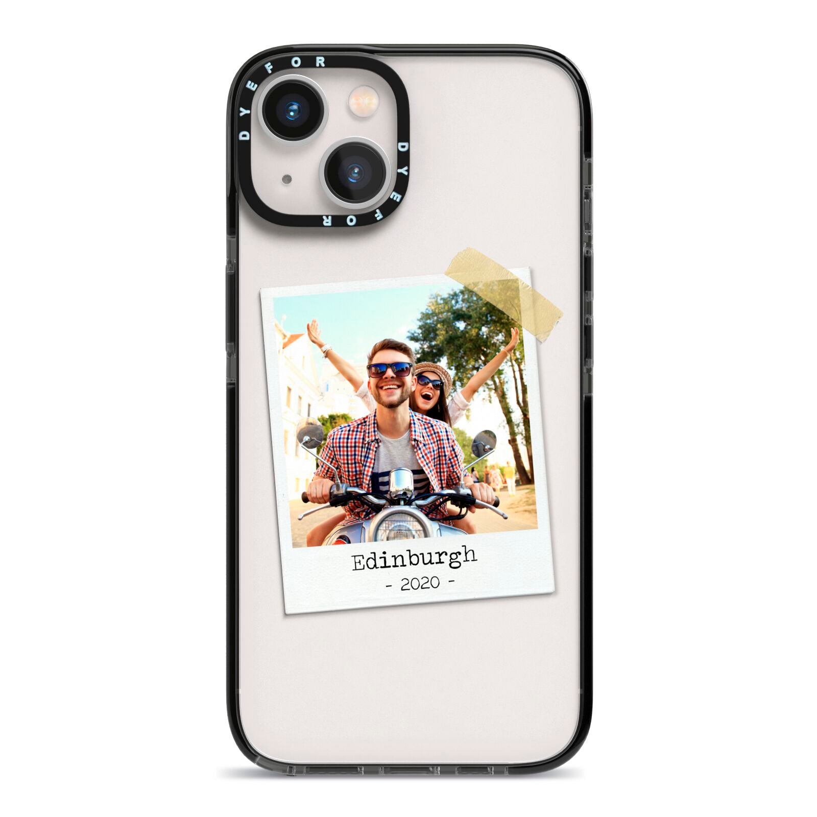 Taped Holiday Snap Photo Upload iPhone 13 Black Impact Case on Silver phone