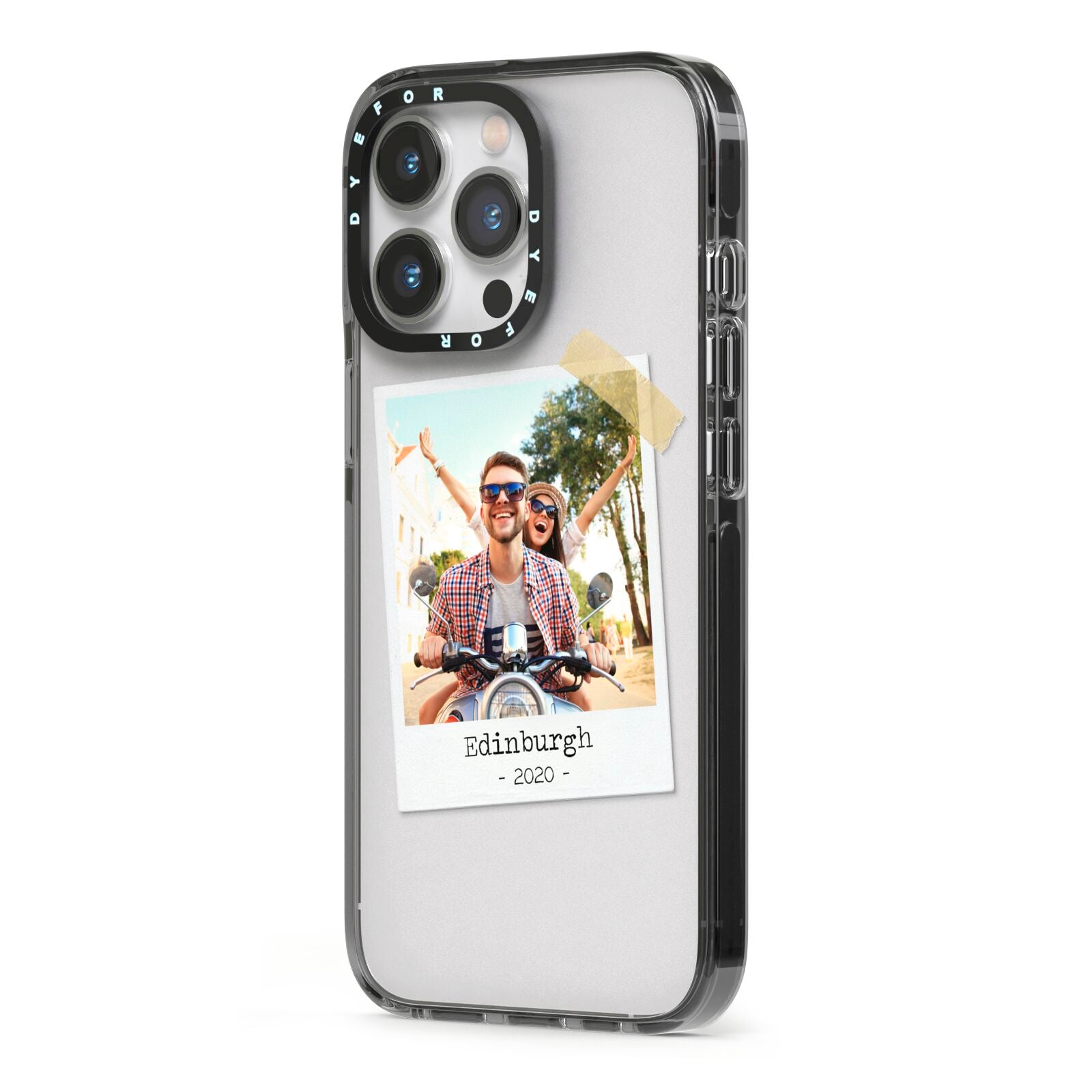 Taped Holiday Snap Photo Upload iPhone 13 Pro Black Impact Case Side Angle on Silver phone