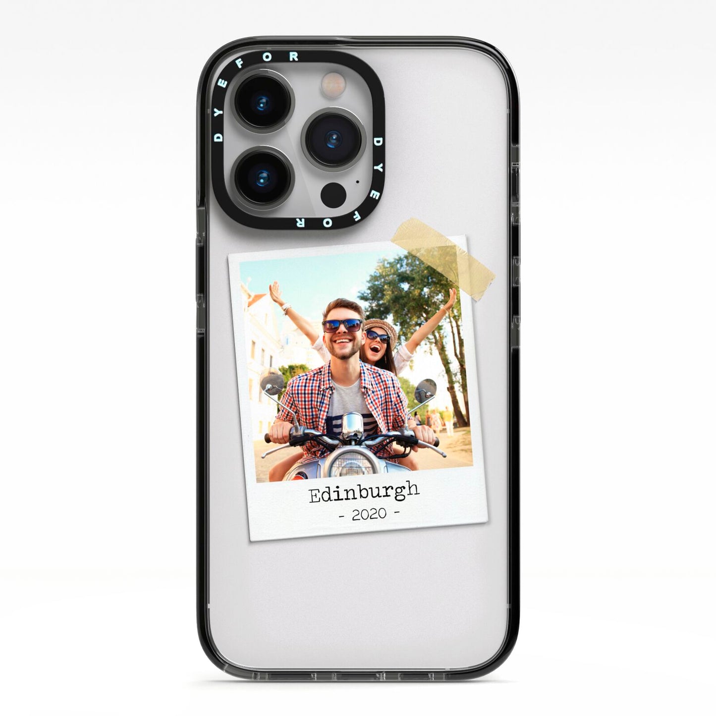 Taped Holiday Snap Photo Upload iPhone 13 Pro Black Impact Case on Silver phone