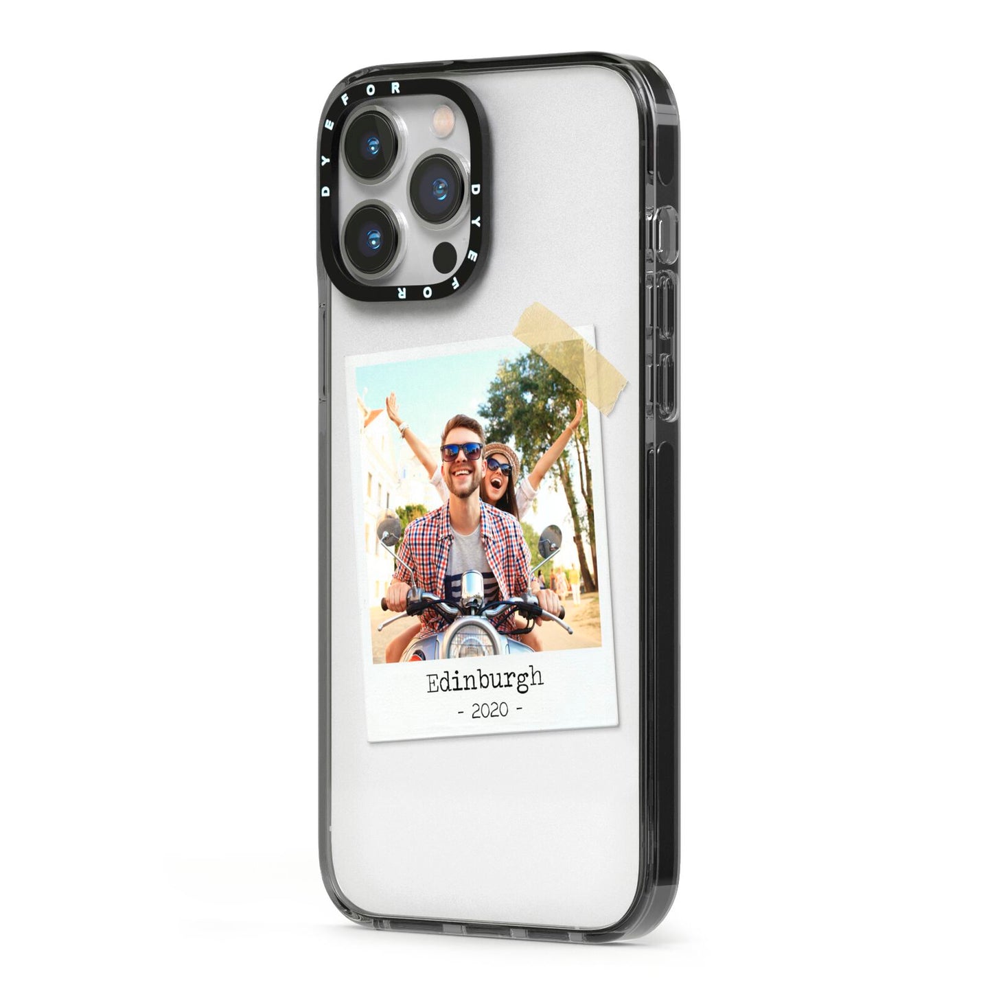 Taped Holiday Snap Photo Upload iPhone 13 Pro Max Black Impact Case Side Angle on Silver phone