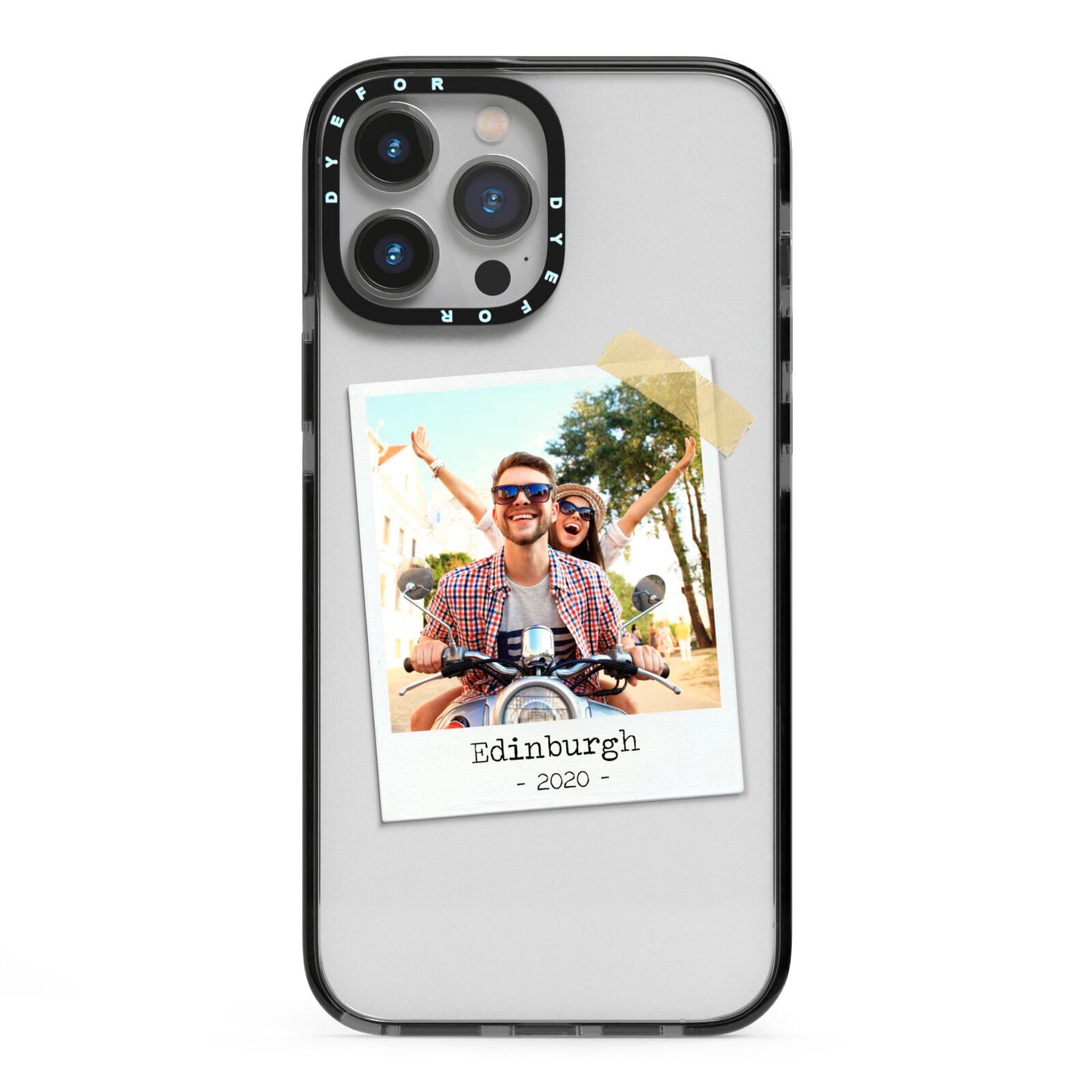 Taped Holiday Snap Photo Upload iPhone 13 Pro Max Black Impact Case on Silver phone