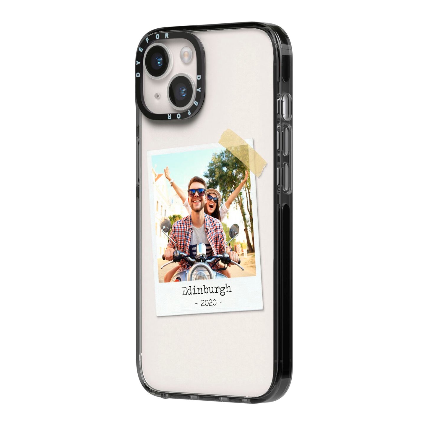 Taped Holiday Snap Photo Upload iPhone 14 Black Impact Case Side Angle on Silver phone