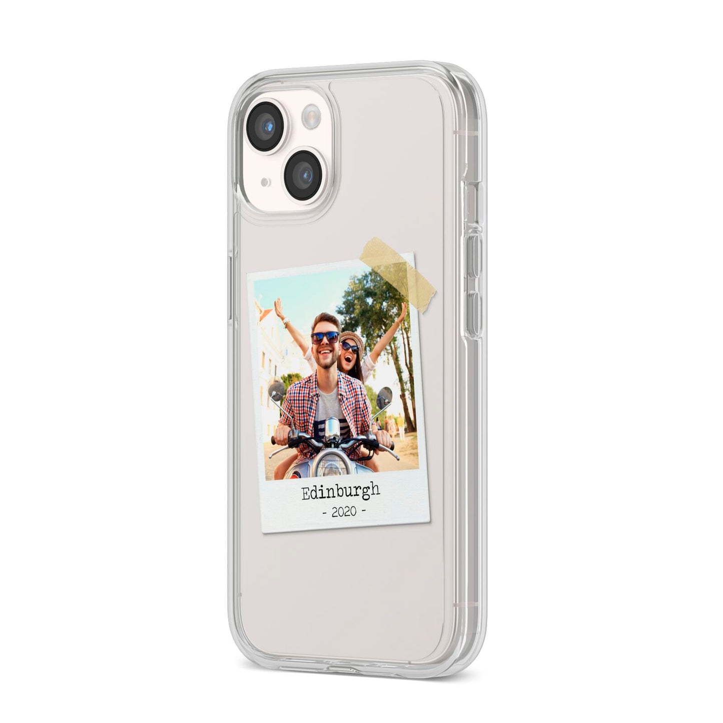 Taped Holiday Snap Photo Upload iPhone 14 Clear Tough Case Starlight Angled Image