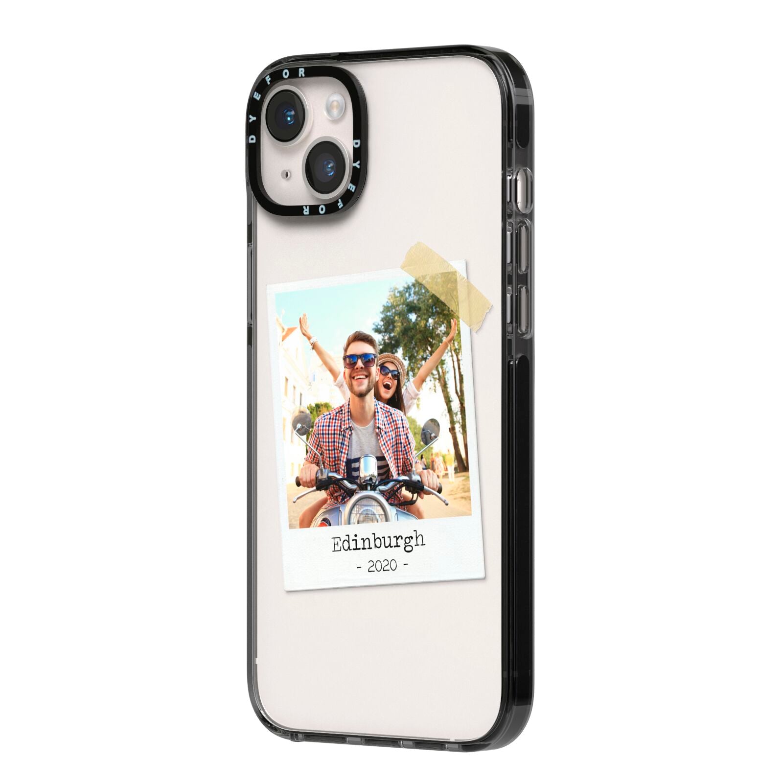 Taped Holiday Snap Photo Upload iPhone 14 Plus Black Impact Case Side Angle on Silver phone