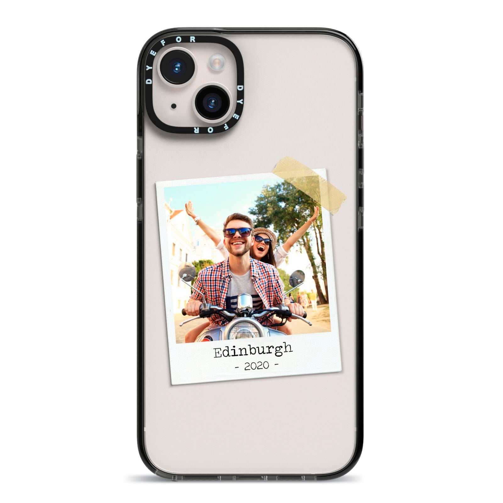 Taped Holiday Snap Photo Upload iPhone 14 Plus Black Impact Case on Silver phone