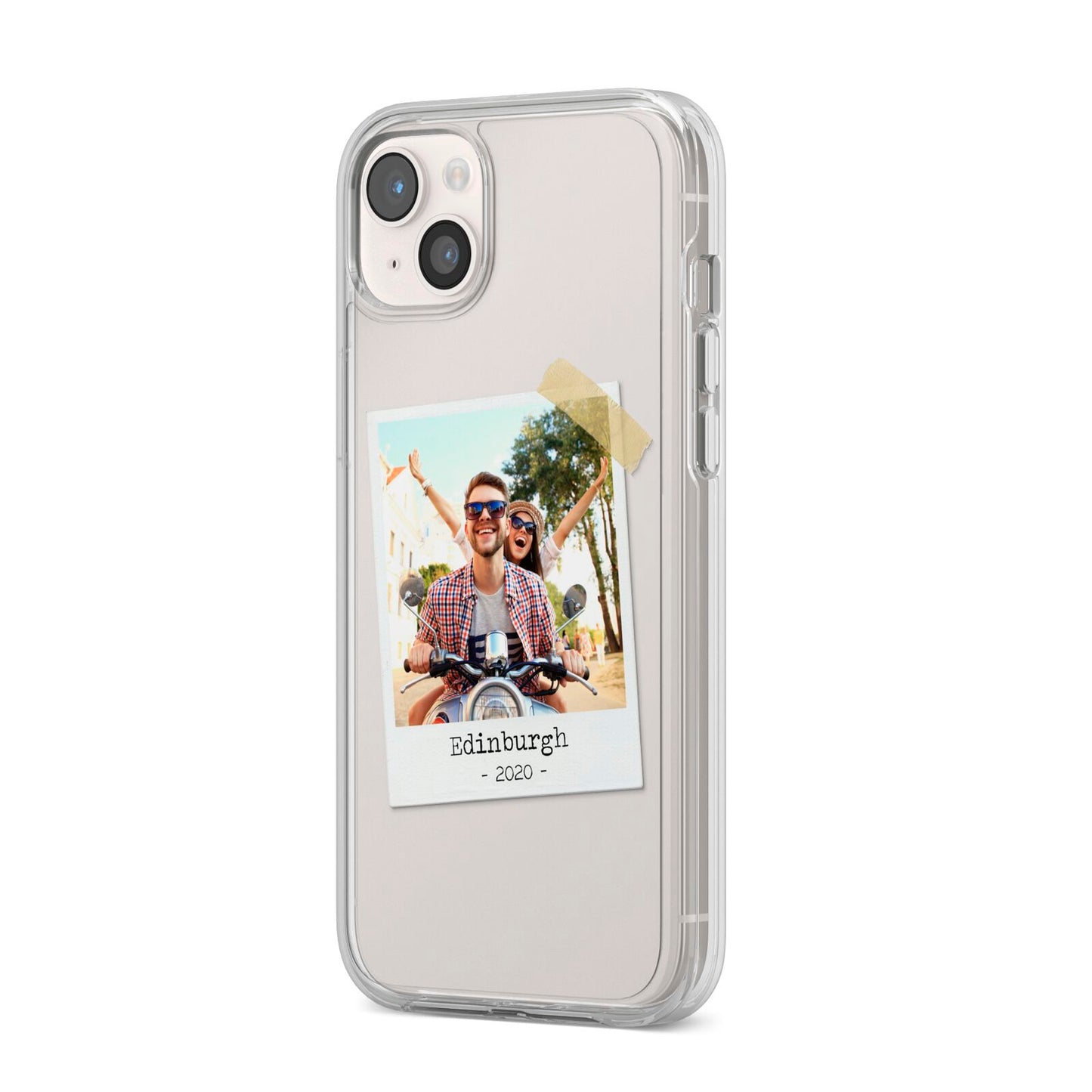 Taped Holiday Snap Photo Upload iPhone 14 Plus Clear Tough Case Starlight Angled Image