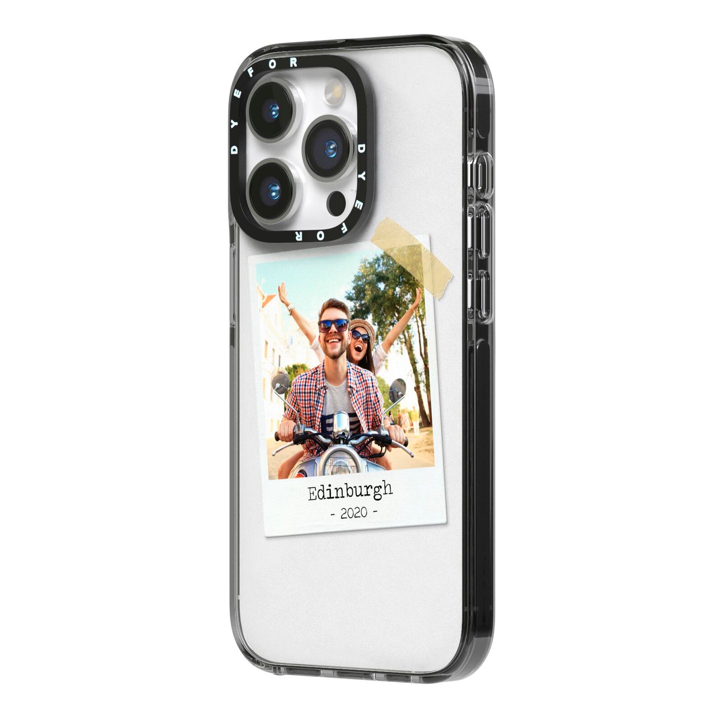 Taped Holiday Snap Photo Upload iPhone 14 Pro Black Impact Case Side Angle on Silver phone