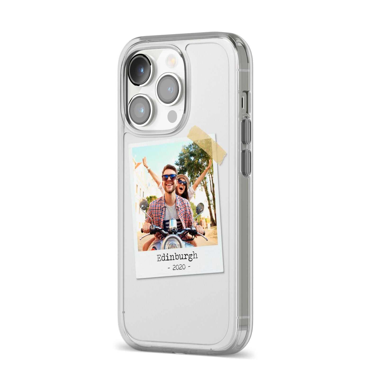 Taped Holiday Snap Photo Upload iPhone 14 Pro Clear Tough Case Silver Angled Image