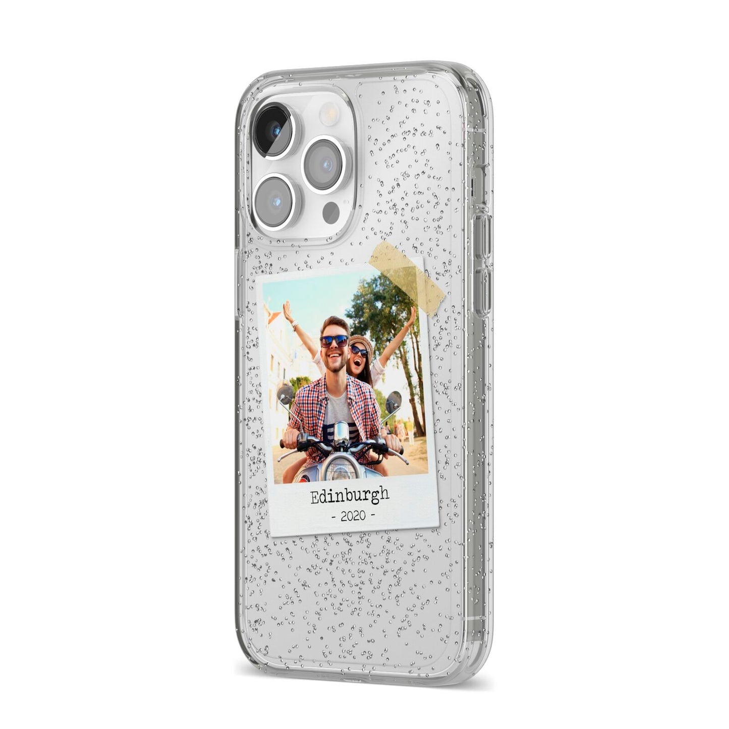 Taped Holiday Snap Photo Upload iPhone 14 Pro Max Glitter Tough Case Silver Angled Image