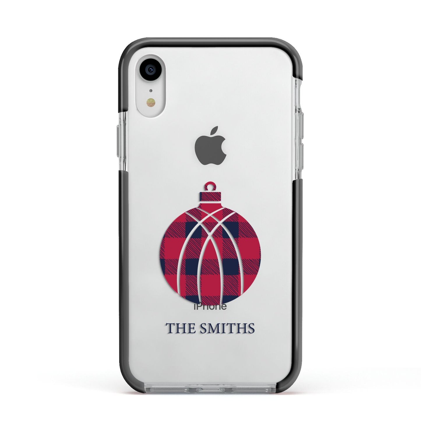 Tartan Christmas Bauble Personalised Apple iPhone XR Impact Case Black Edge on Silver Phone