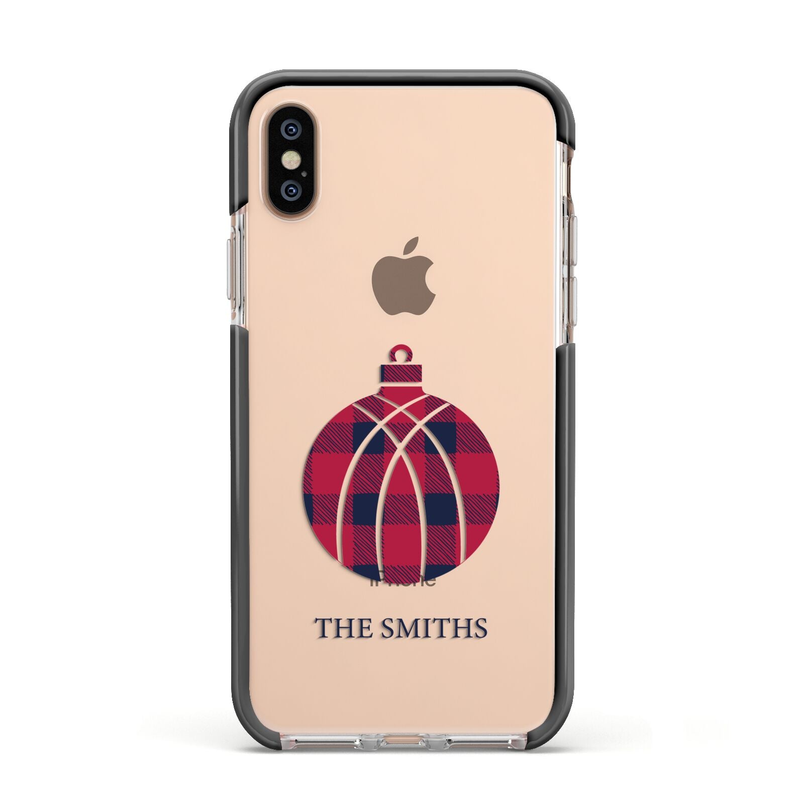 Tartan Christmas Bauble Personalised Apple iPhone Xs Impact Case Black Edge on Gold Phone