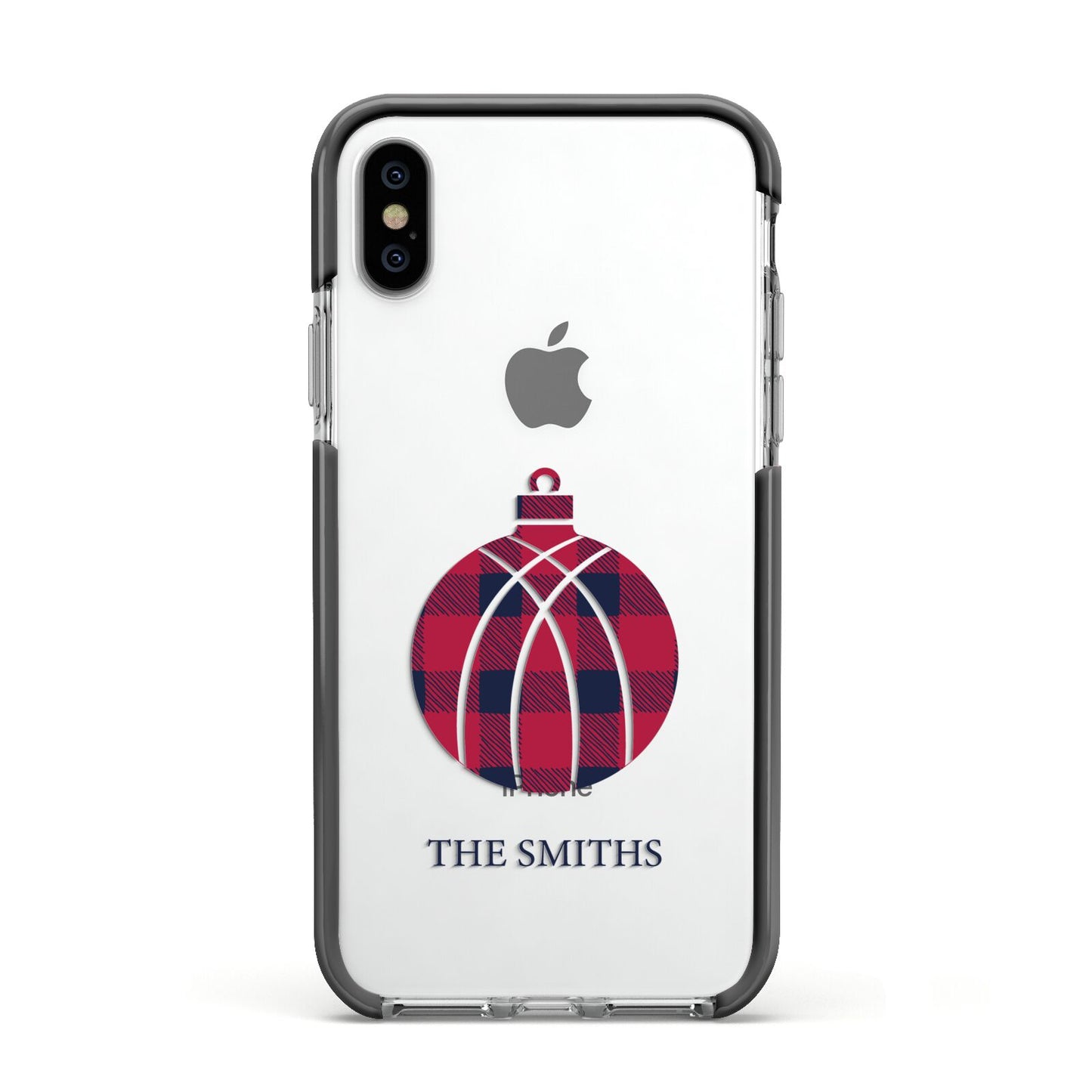 Tartan Christmas Bauble Personalised Apple iPhone Xs Impact Case Black Edge on Silver Phone