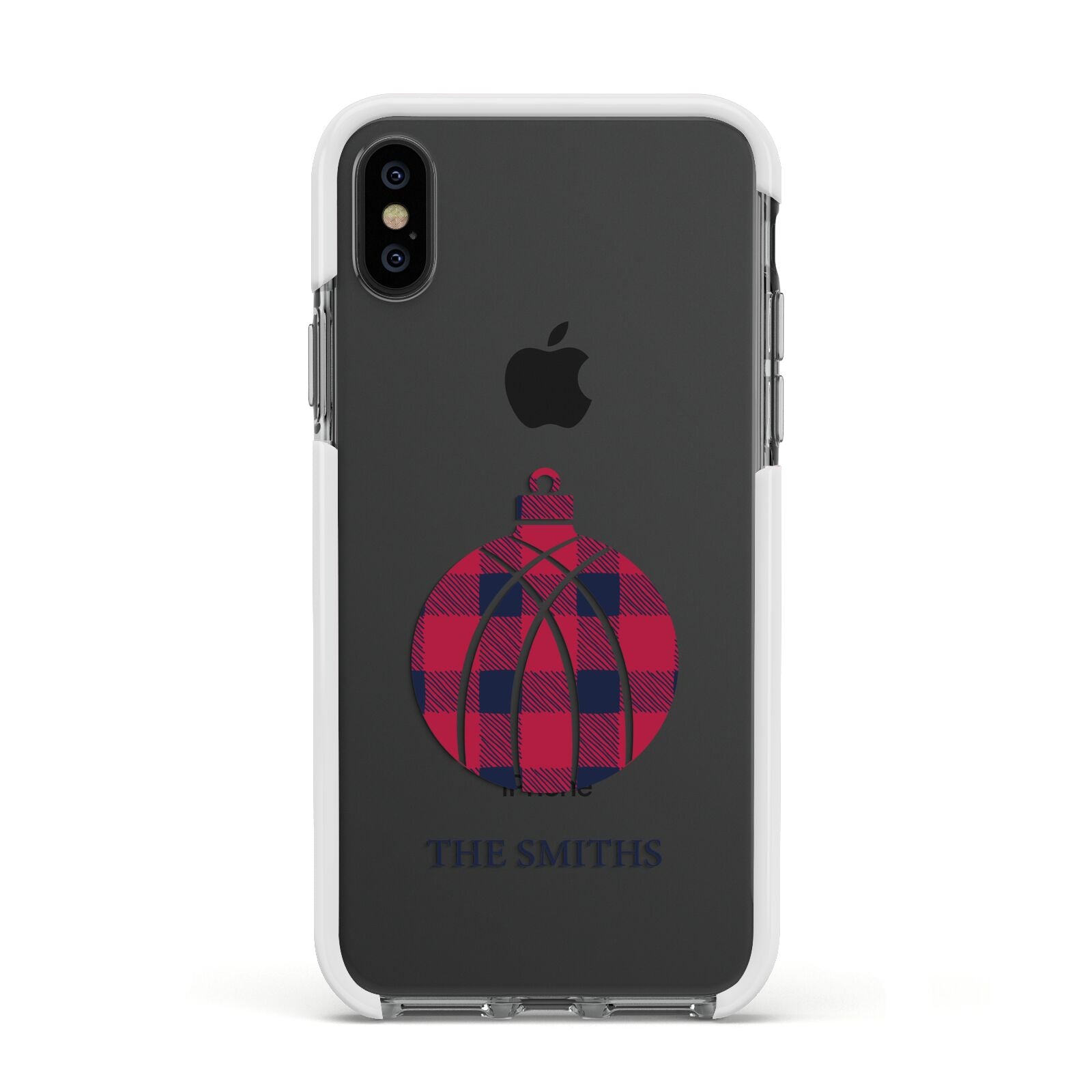 Tartan Christmas Bauble Personalised Apple iPhone Xs Impact Case White Edge on Black Phone