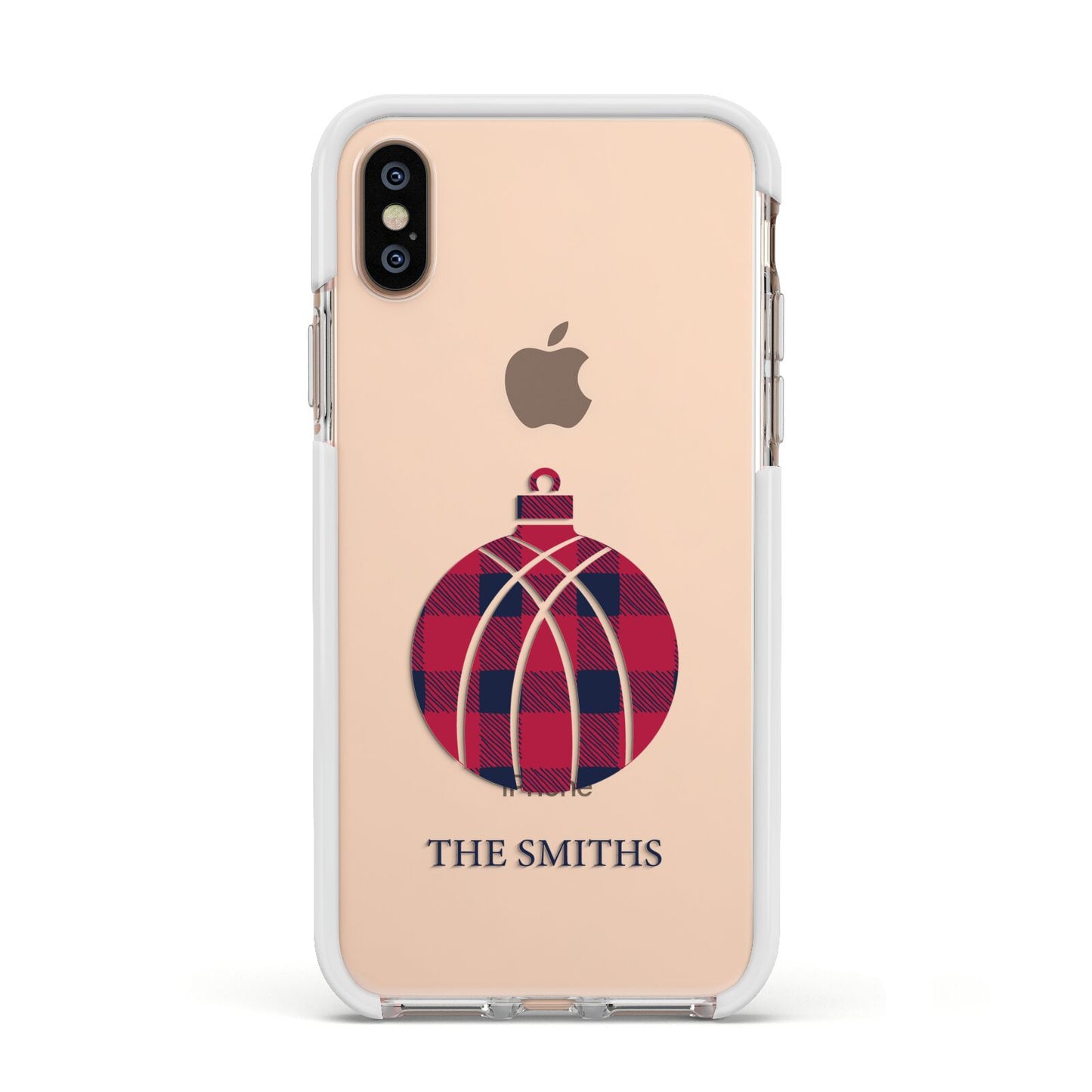 Tartan Christmas Bauble Personalised Apple iPhone Xs Impact Case White Edge on Gold Phone