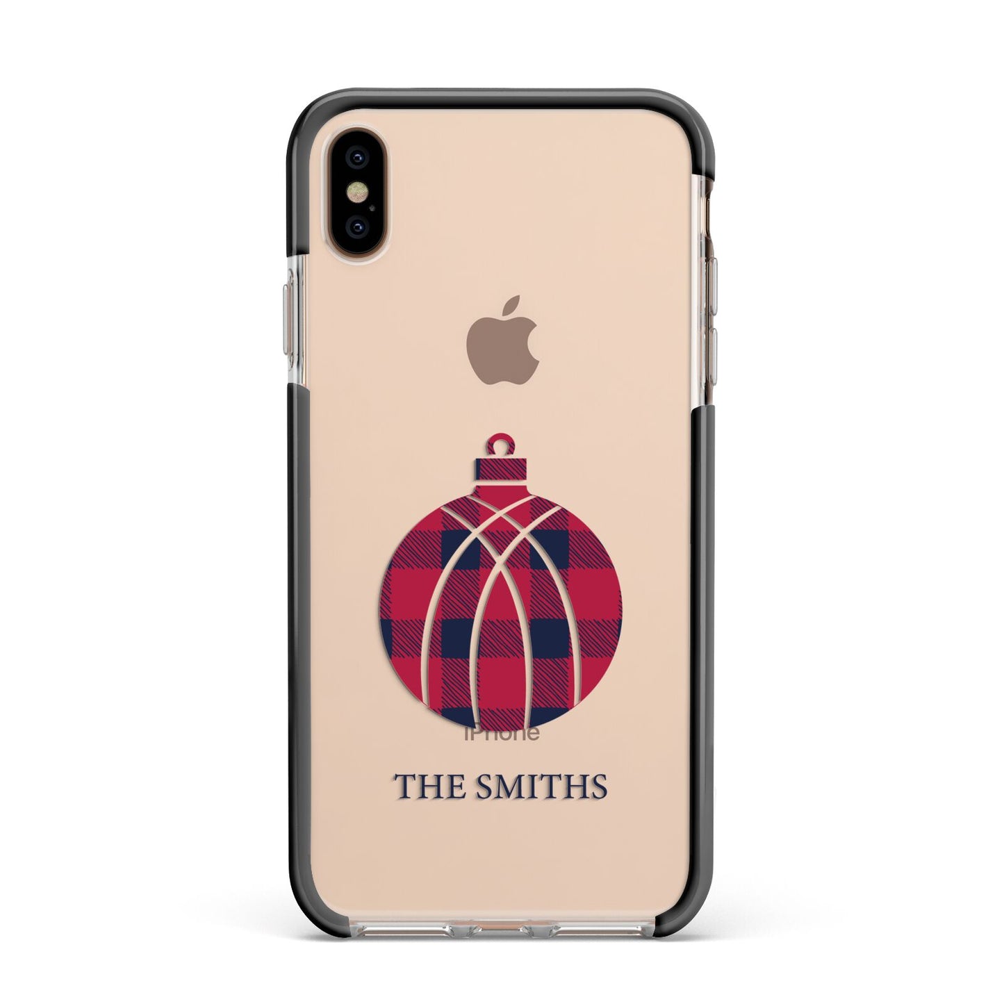 Tartan Christmas Bauble Personalised Apple iPhone Xs Max Impact Case Black Edge on Gold Phone