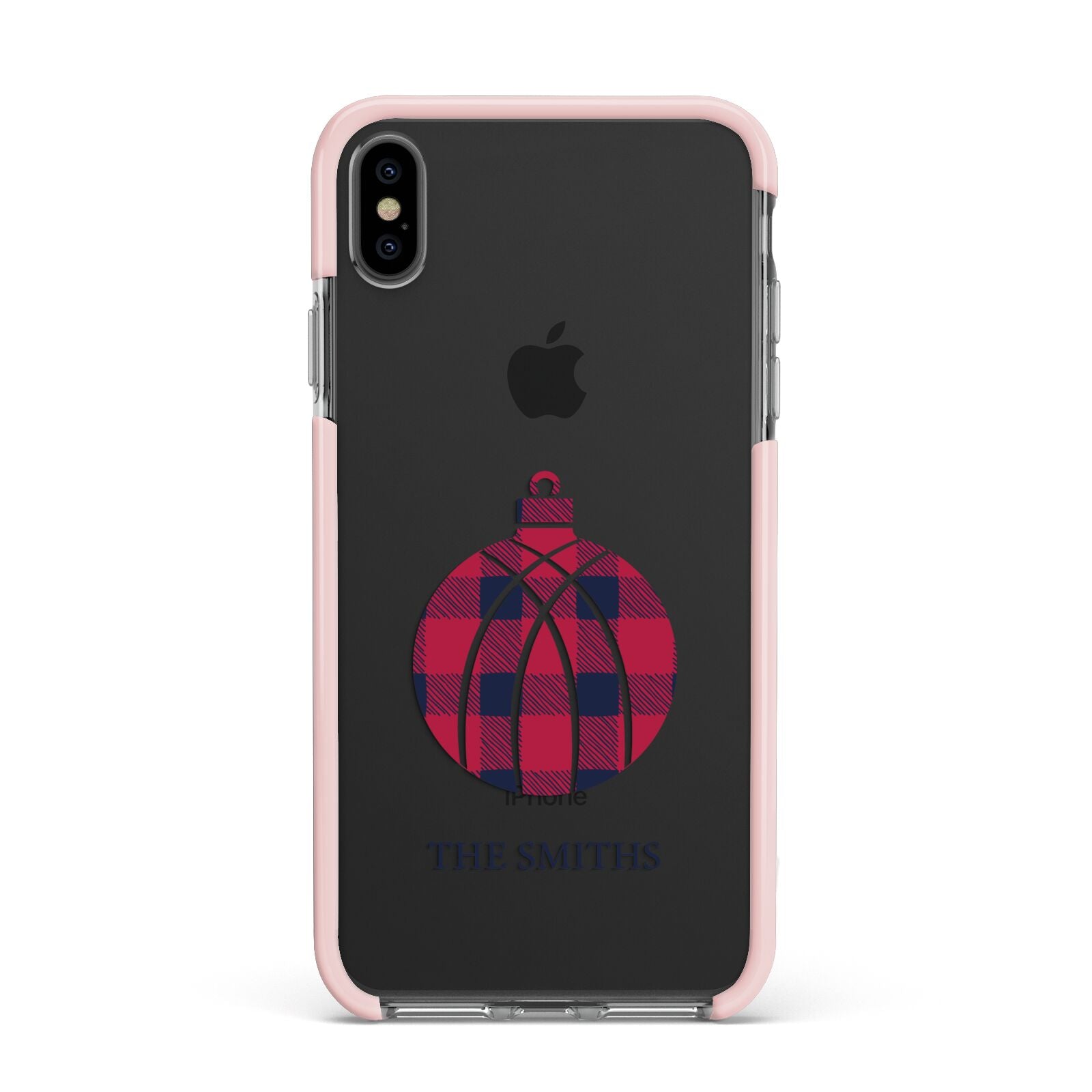 Tartan Christmas Bauble Personalised Apple iPhone Xs Max Impact Case Pink Edge on Black Phone