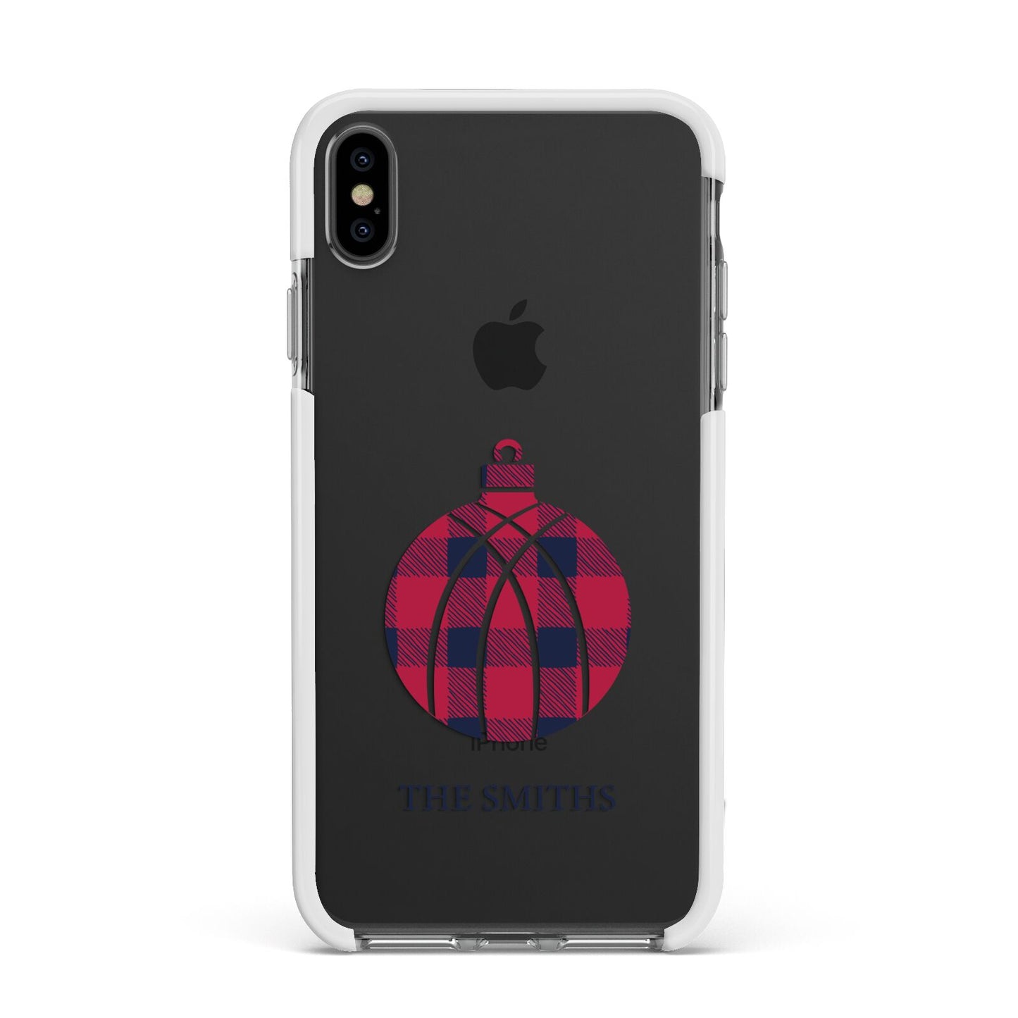 Tartan Christmas Bauble Personalised Apple iPhone Xs Max Impact Case White Edge on Black Phone