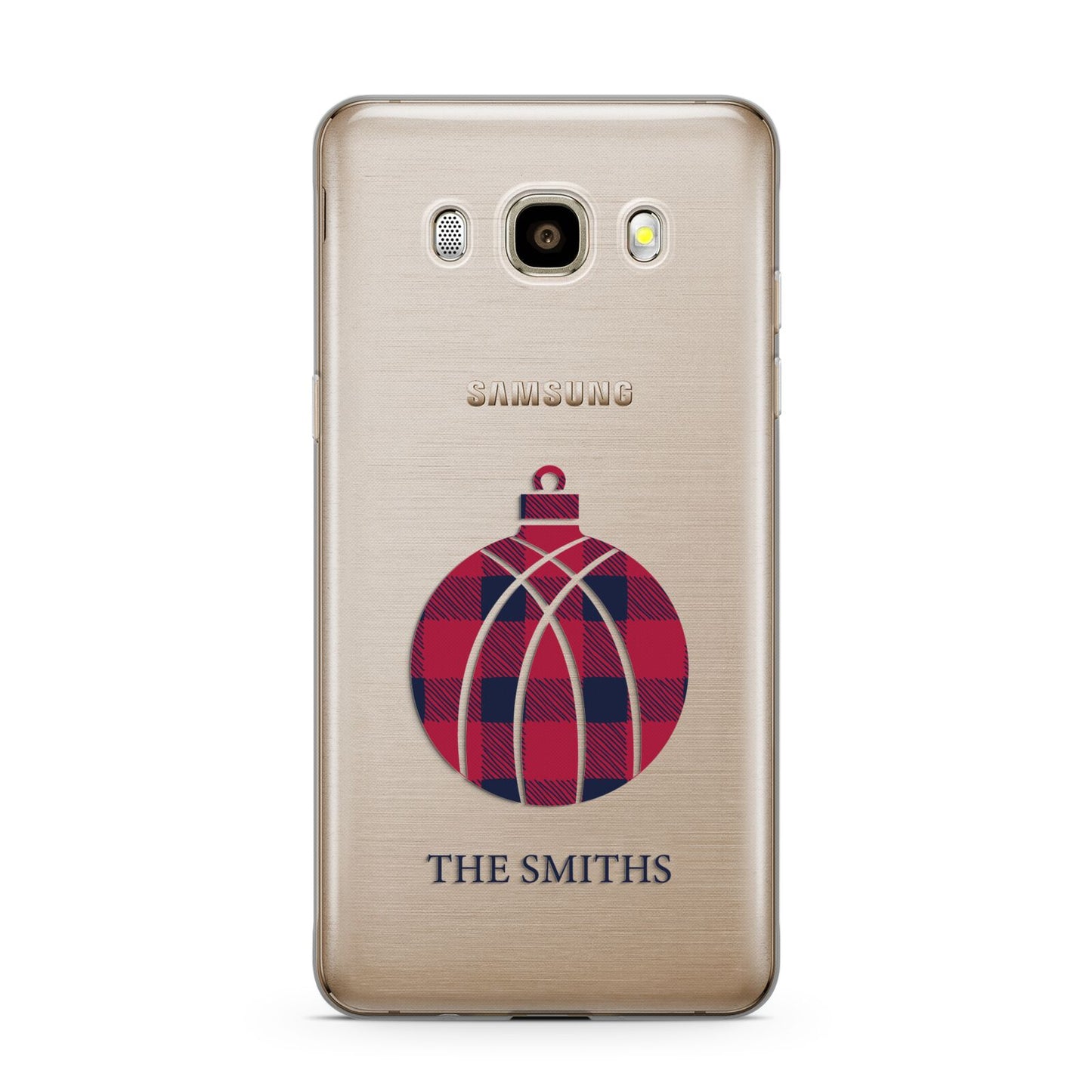 Tartan Christmas Bauble Personalised Samsung Galaxy J7 2016 Case on gold phone