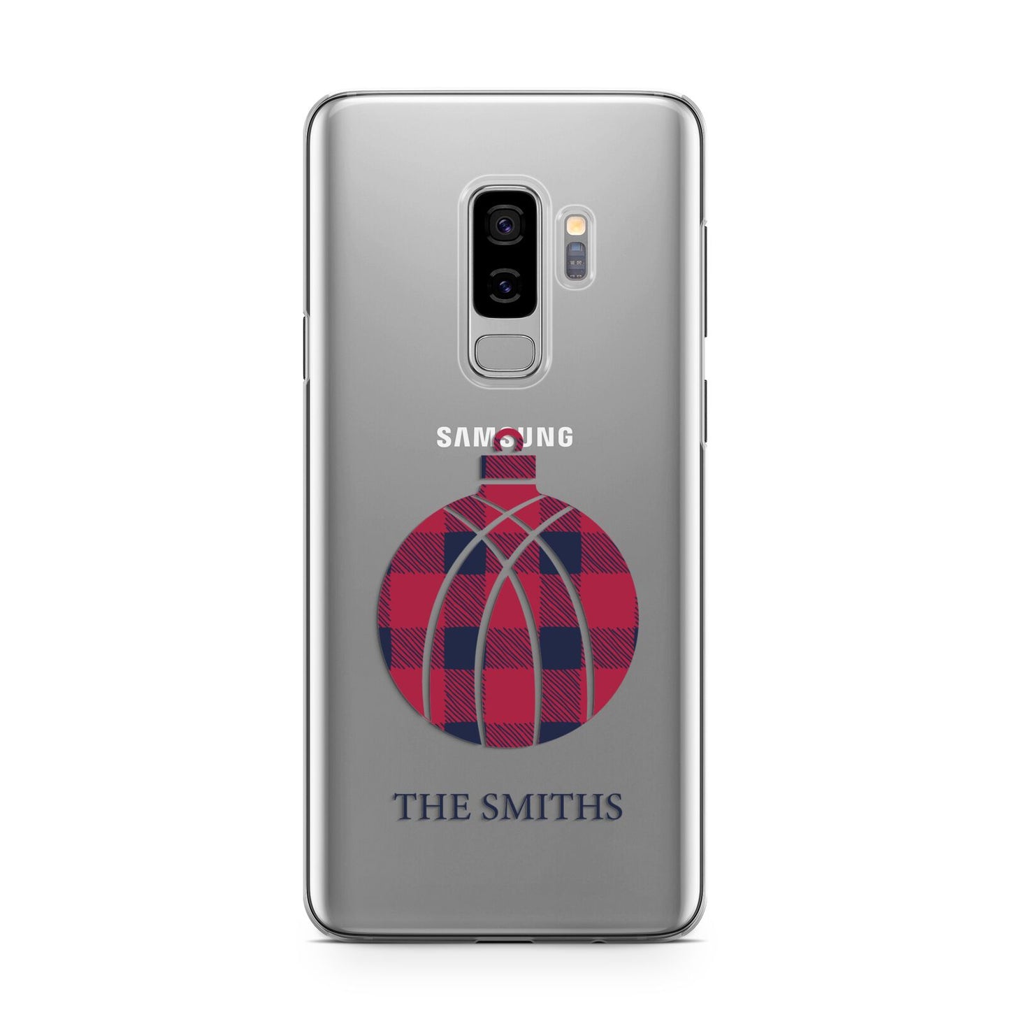 Tartan Christmas Bauble Personalised Samsung Galaxy S9 Plus Case on Silver phone