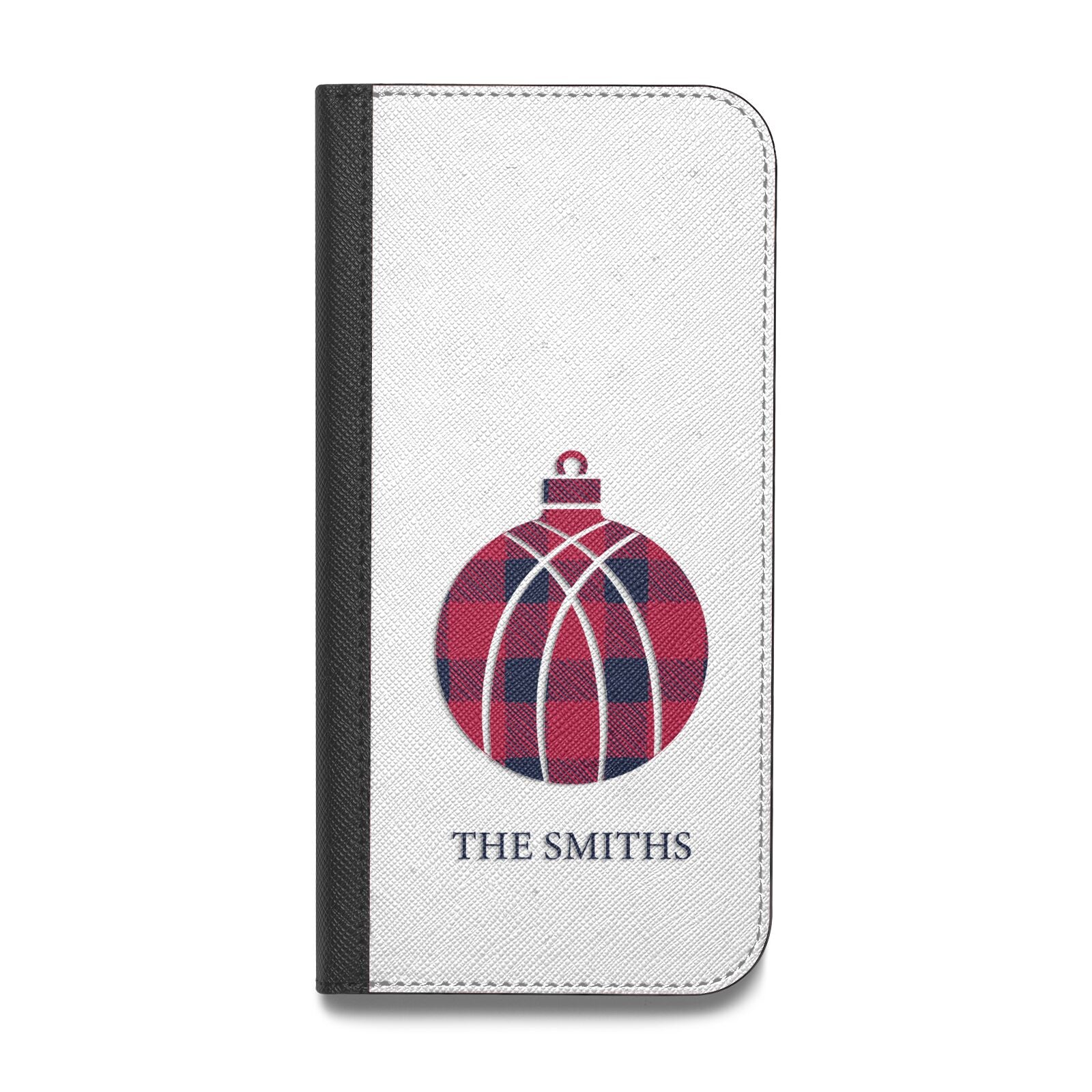 Tartan Christmas Bauble Personalised Vegan Leather Flip iPhone Case