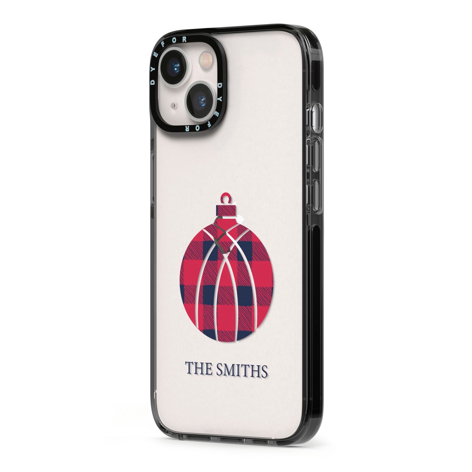 Tartan Christmas Bauble Personalised iPhone 13 Black Impact Case Side Angle on Silver phone