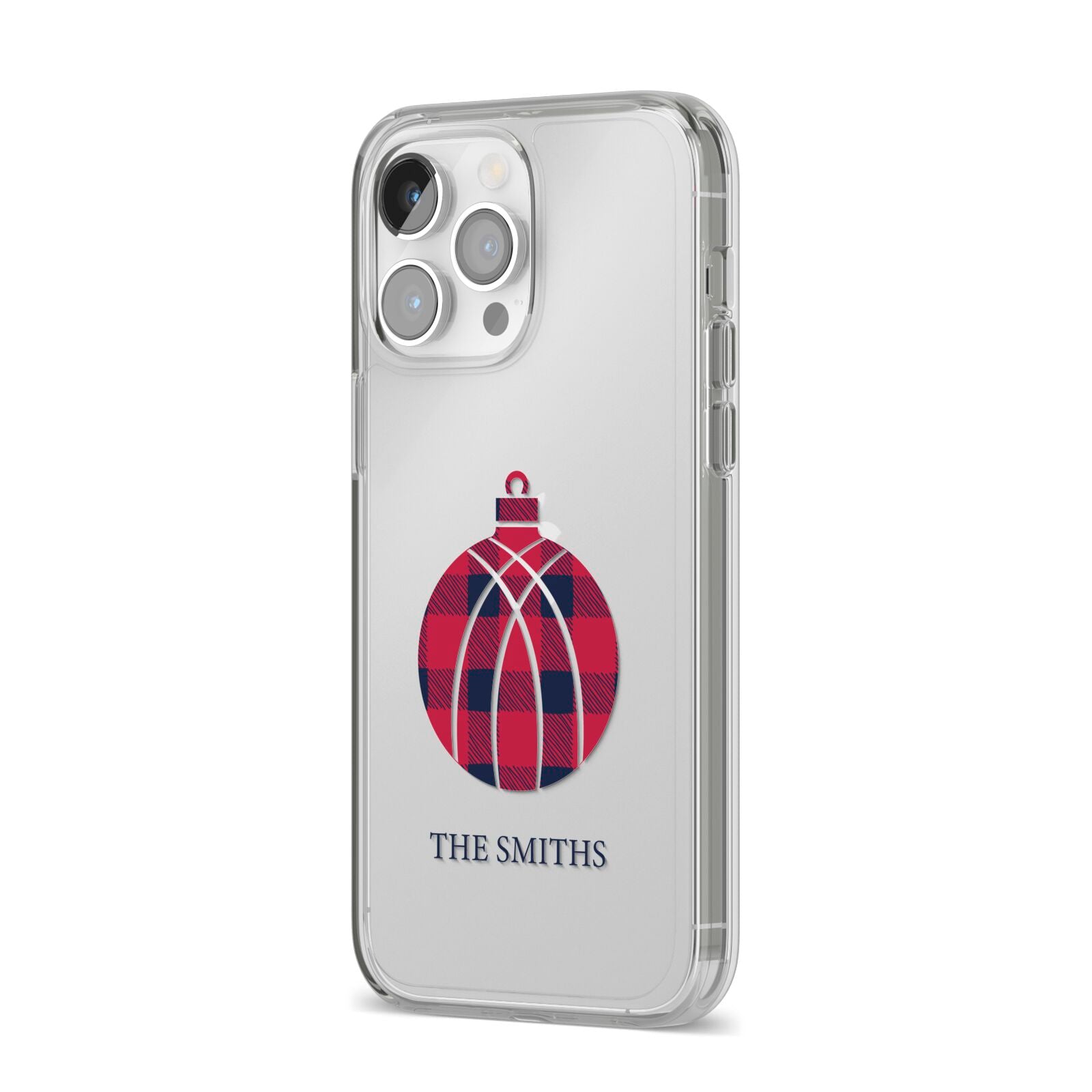 Tartan Christmas Bauble Personalised iPhone 14 Pro Max Clear Tough Case Silver Angled Image