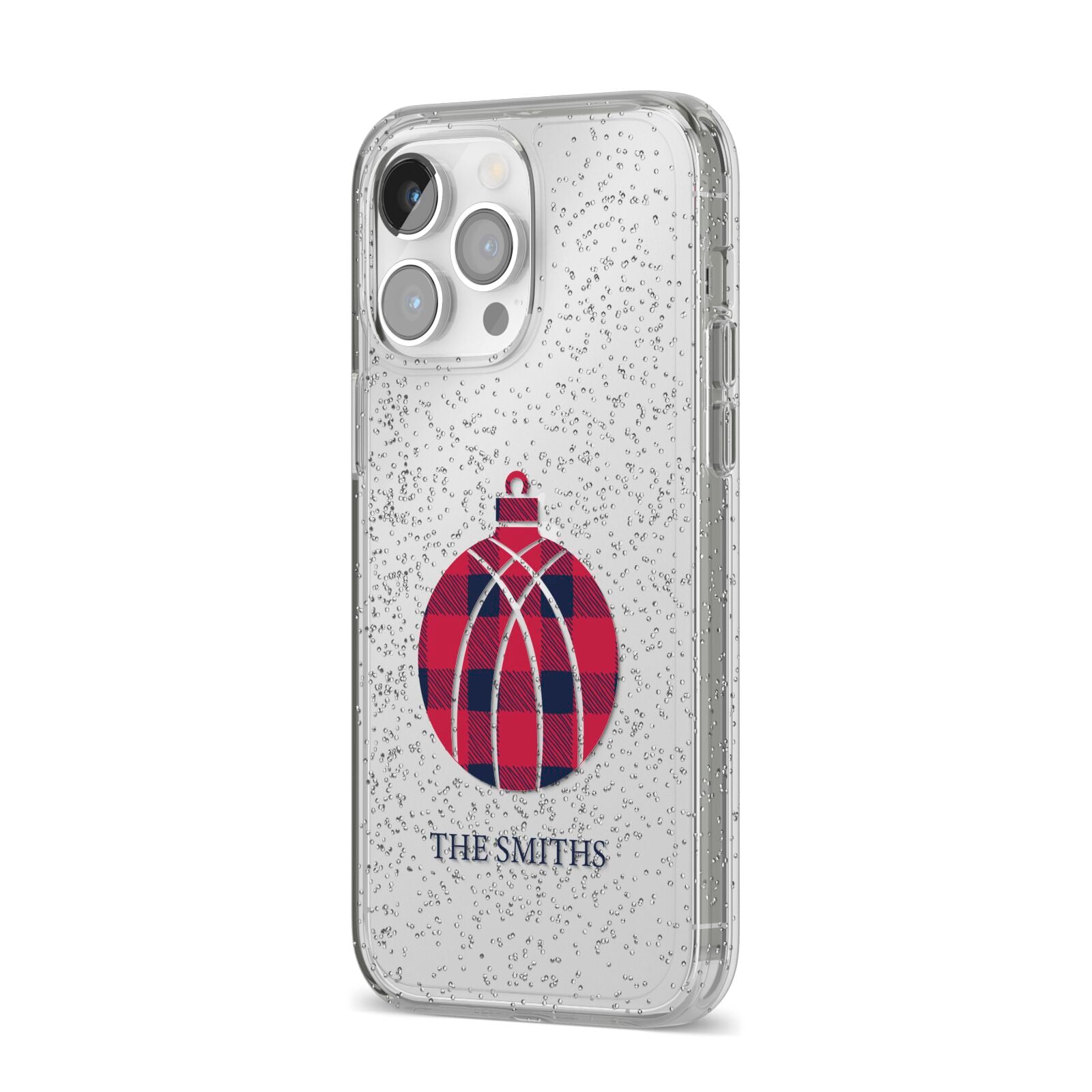 Tartan Christmas Bauble Personalised iPhone 14 Pro Max Glitter Tough Case Silver Angled Image