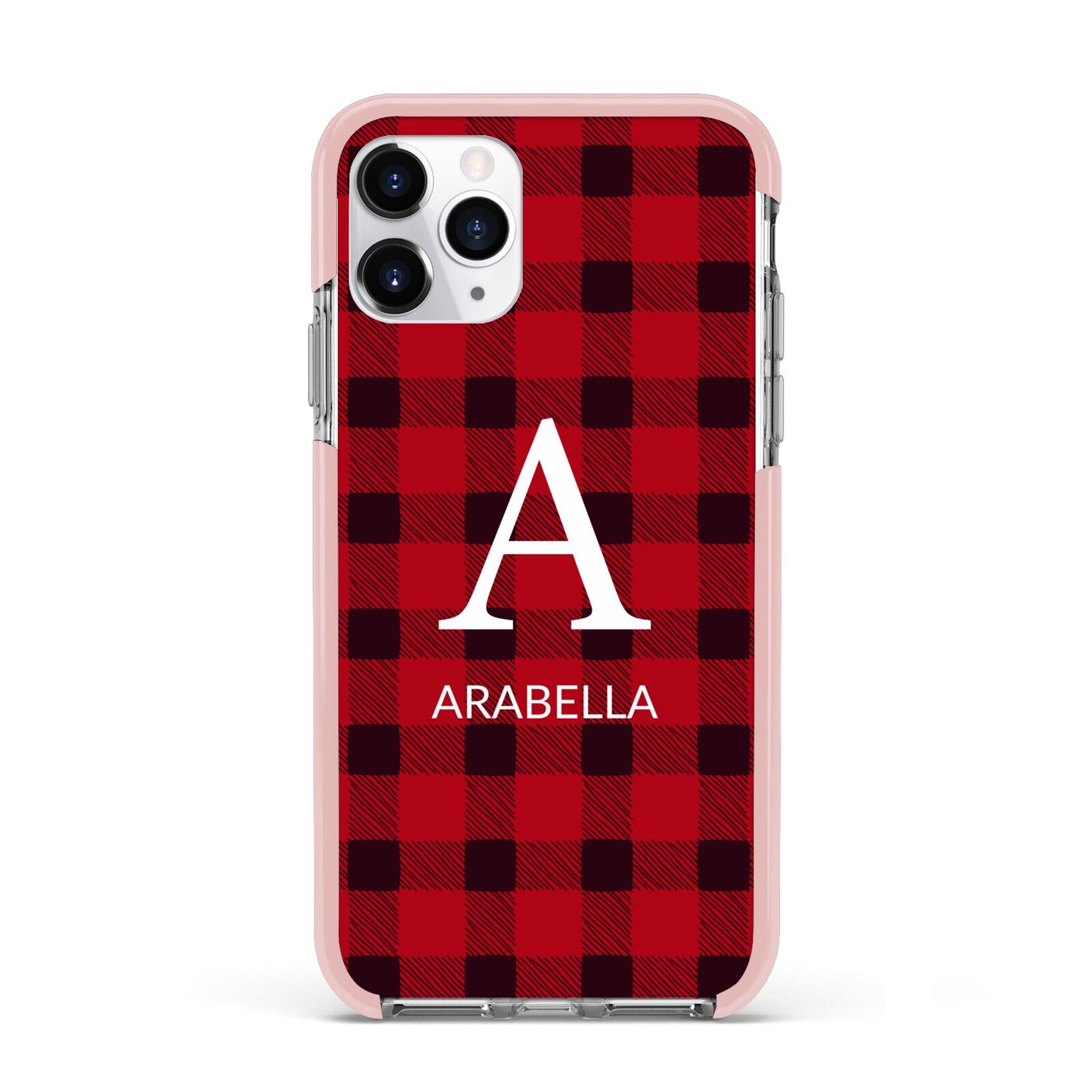 Tartan Christmas Personalised Apple iPhone 11 Pro in Silver with Pink Impact Case