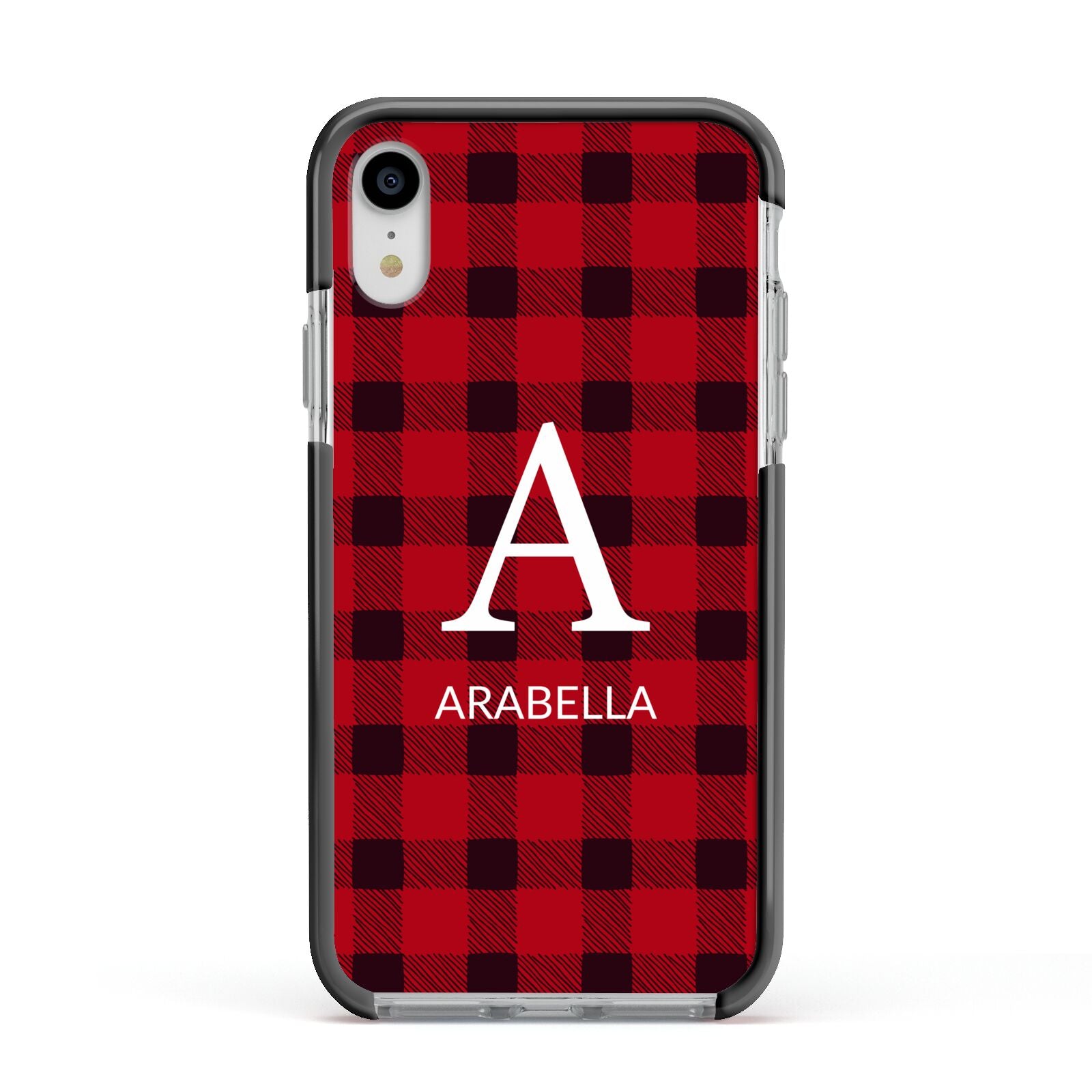 Tartan Christmas Personalised Apple iPhone XR Impact Case Black Edge on Silver Phone