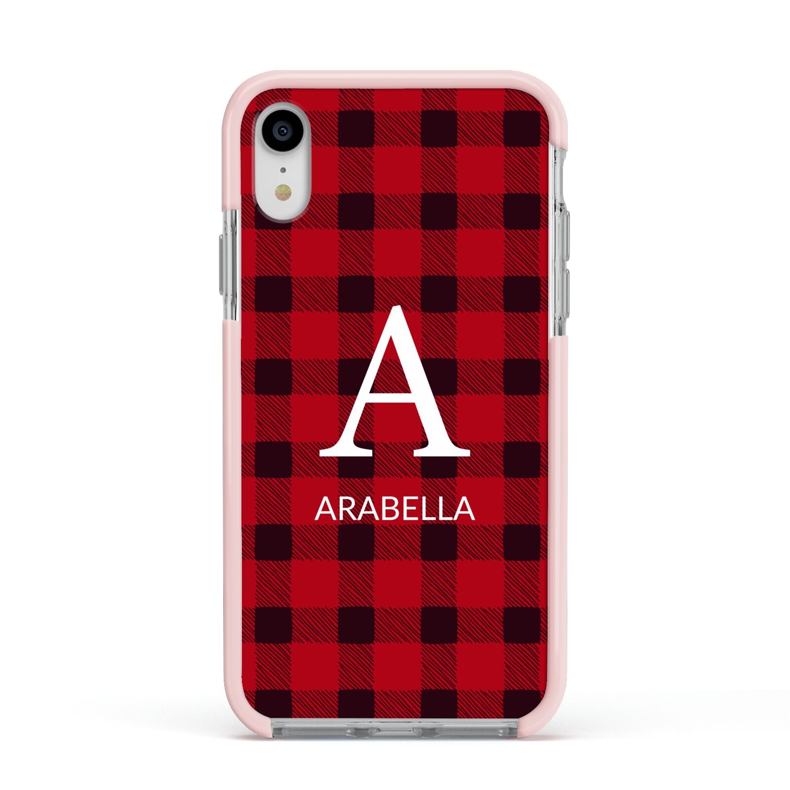 Tartan Christmas Personalised Apple iPhone XR Impact Case Pink Edge on Silver Phone