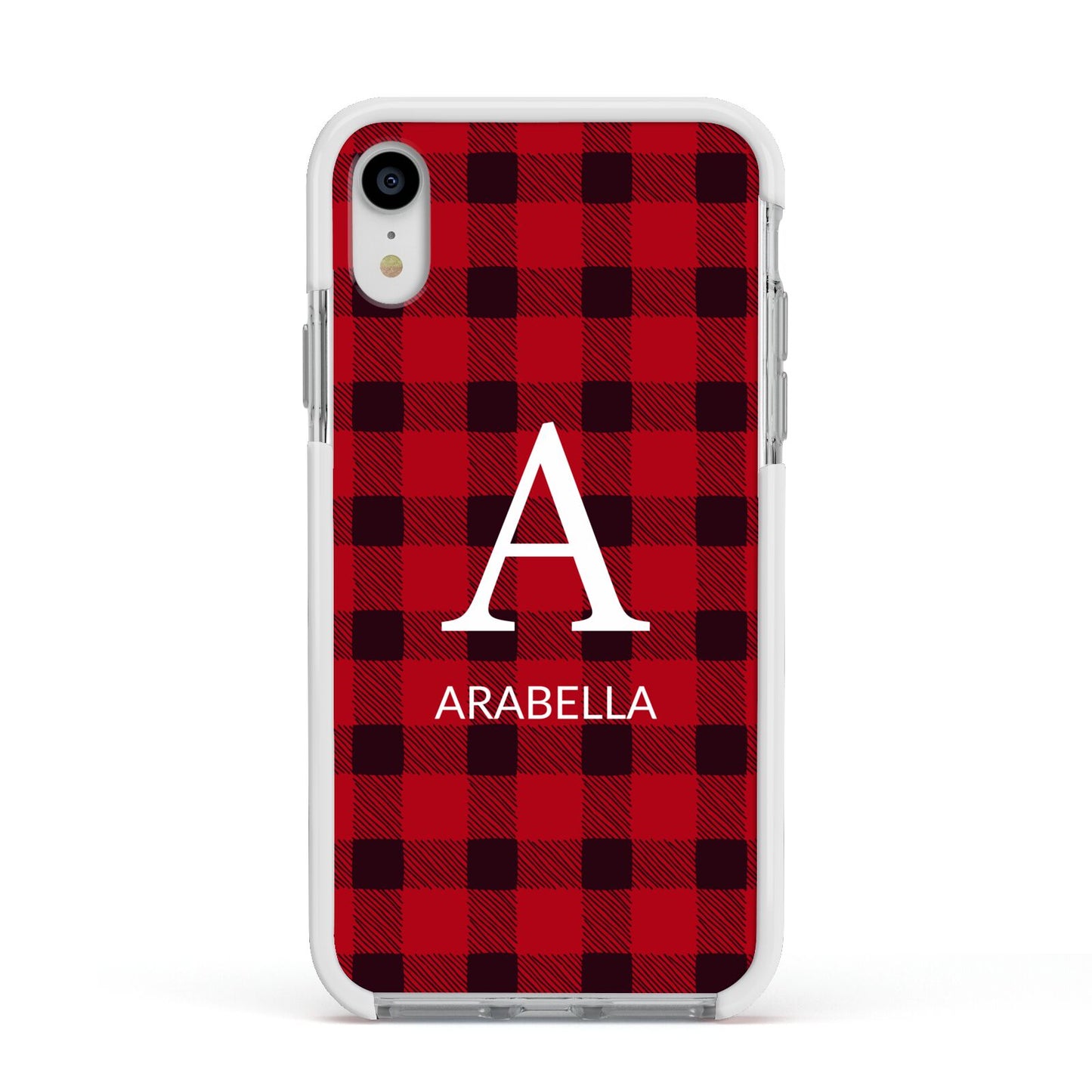 Tartan Christmas Personalised Apple iPhone XR Impact Case White Edge on Silver Phone