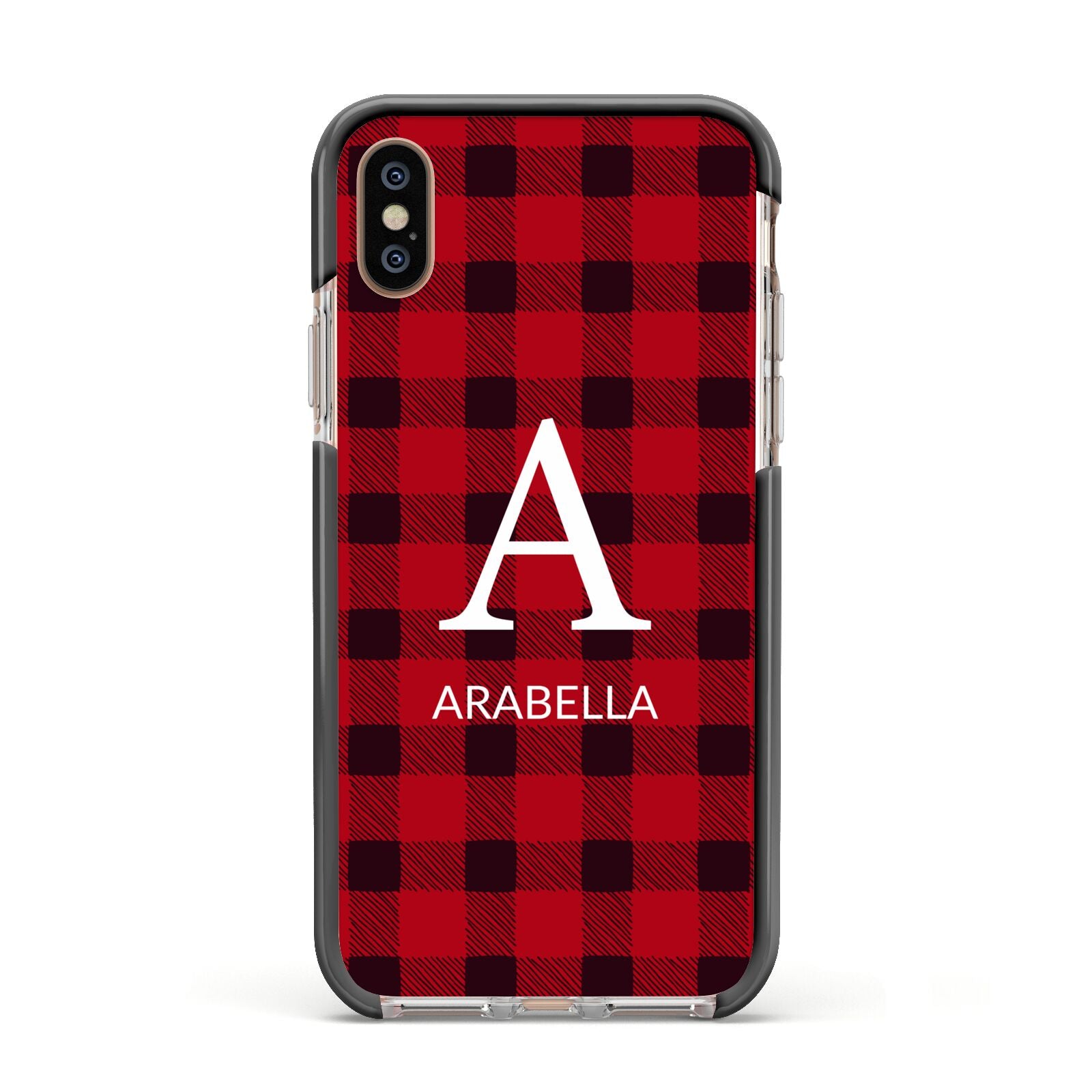 Tartan Christmas Personalised Apple iPhone Xs Impact Case Black Edge on Gold Phone